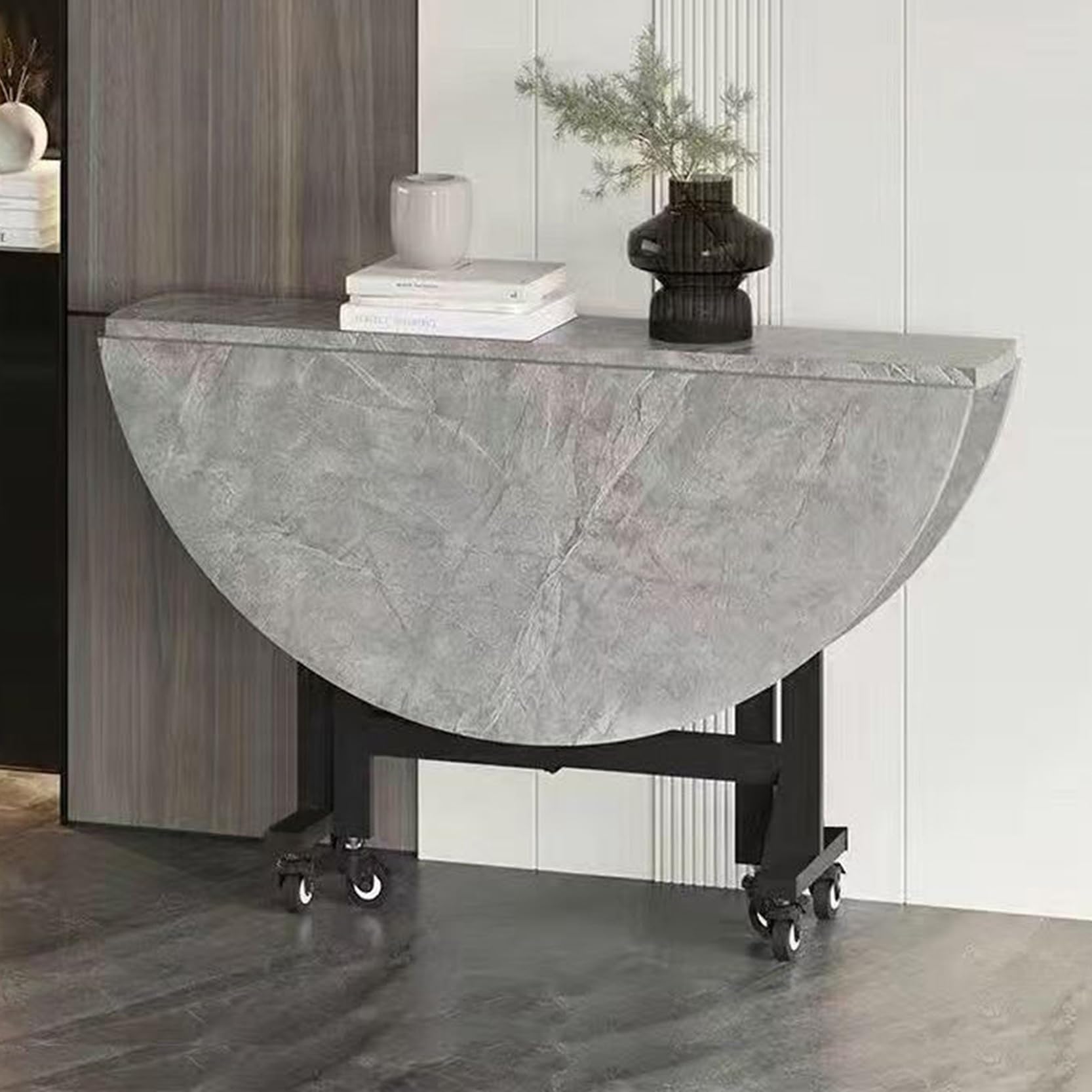 Foldable Dining Table with 6 Wheels Space-Saving Kitchen Drop-Leaf Extendable Modern Desk Round Expandable Multipurpose Table for Living Room (Gray 130x75cm)