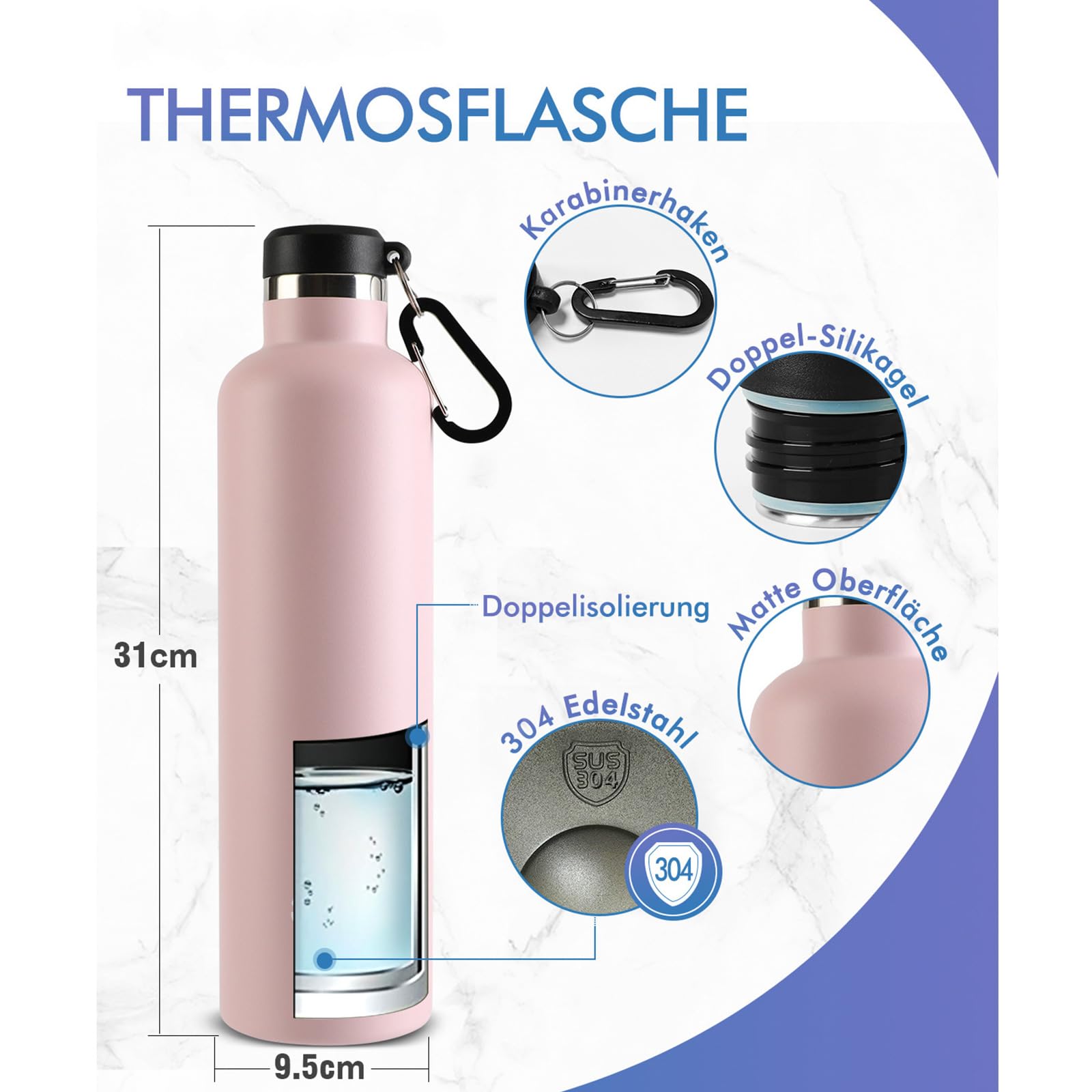 FEIJIAN Borraccia Termica in Acciaio Inox 750ml/1L + Zaino, Facile da pulire, Bottiglia Termica Senza Perdite - Senza BPA Borracce, per Scuola, Sport, Campeggio, Yoga, Palestra