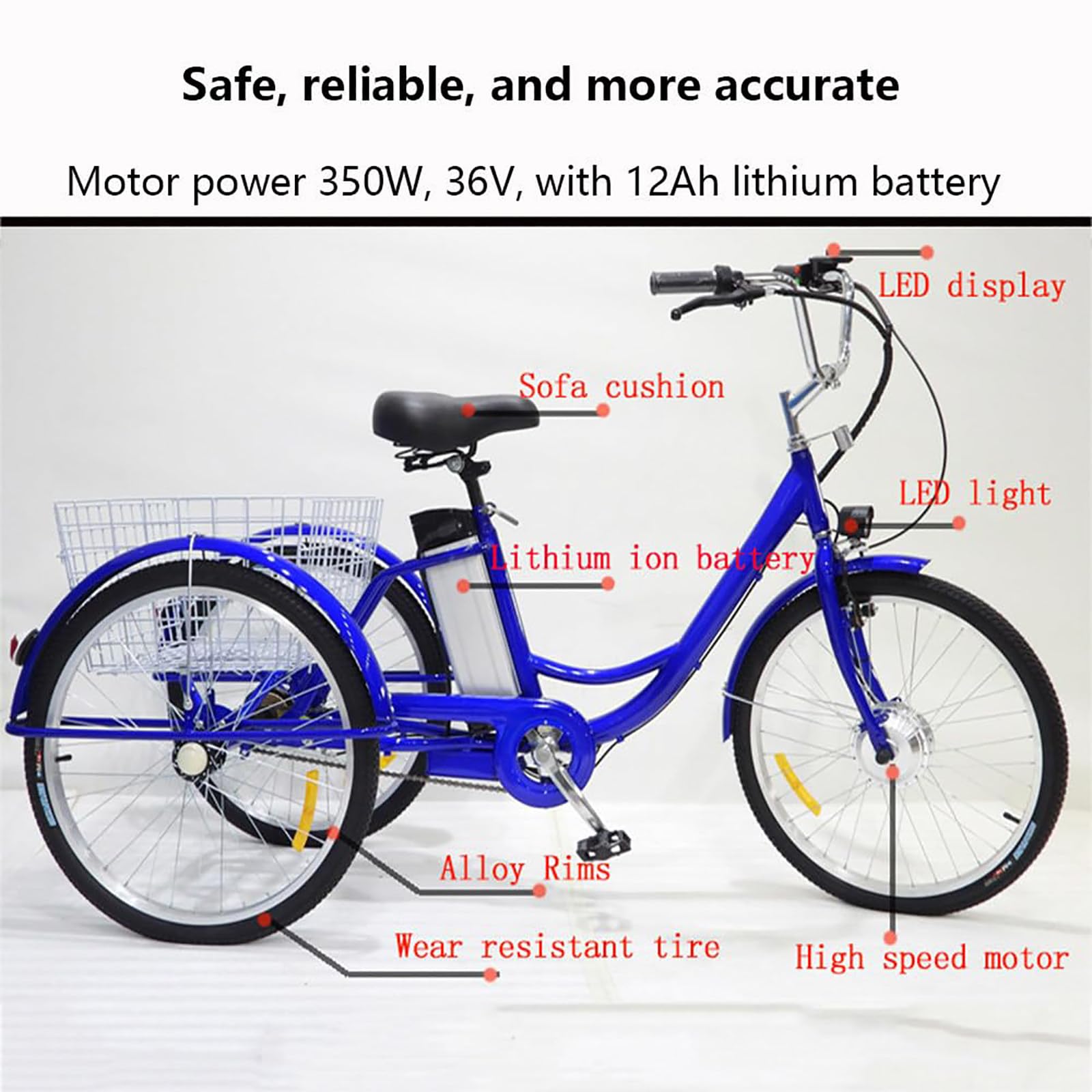 Tricicli Per Adulti Da 24", Triciclo Elettrico A 3 Ruote Per Anziani, Sedile Morbido - Altezza Regolabile (29,5-33,4''), Batteria Rimovibile Da 36V 12Ah - Autonomia 30 Km, Carico 150 Kg Black-Basket