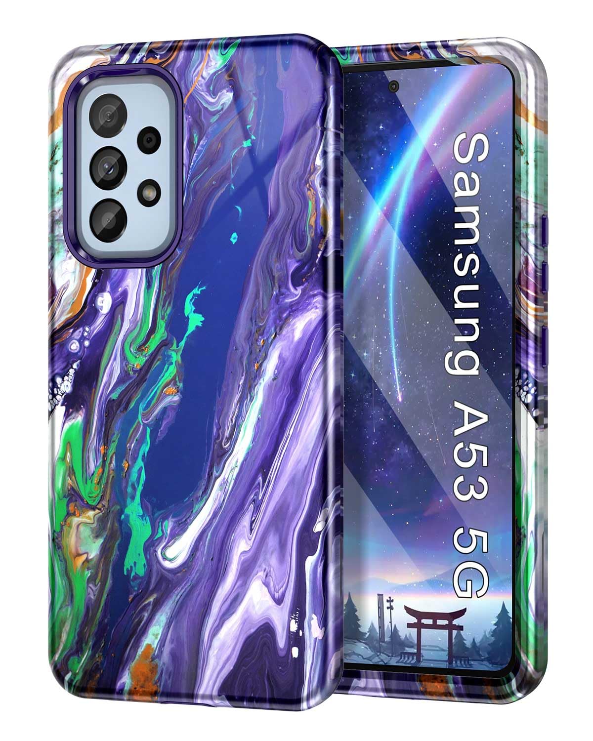 Btscase for Samsung Galaxy A53 5G Case, Marble Pattern 3 in 1 Heavy Duty Shockproof Full Body Rugged Hard PC+Soft Silicone Drop Protective Women Girl Cover for Samsung Galaxy A53 5G,Dreamland/Purple