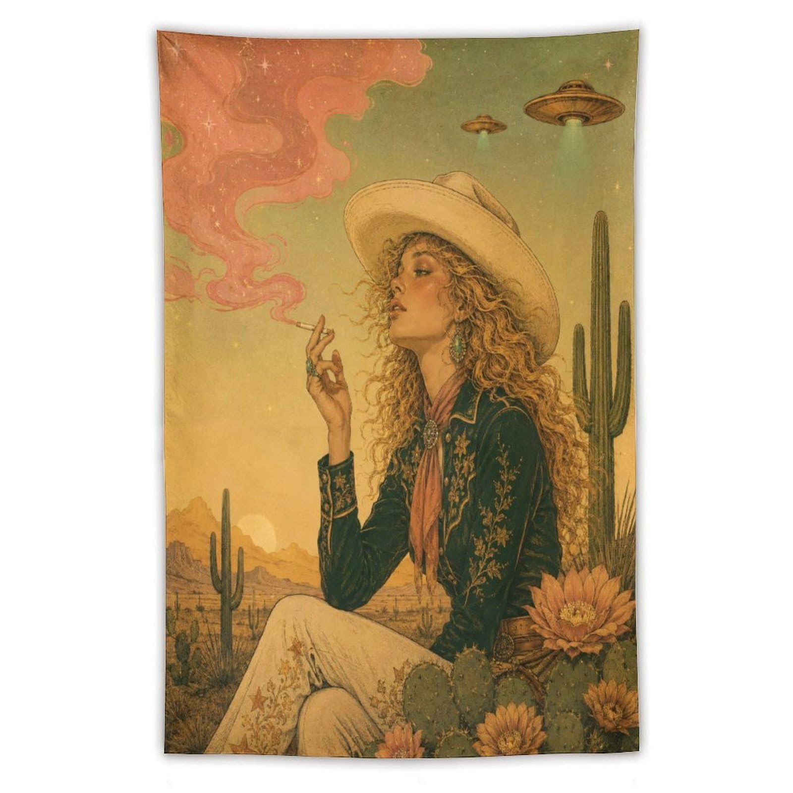 W7C8U2X3 UFO Cowgirl Desert Sunset Wall Tapestry, Surrealist, Surreal Sky