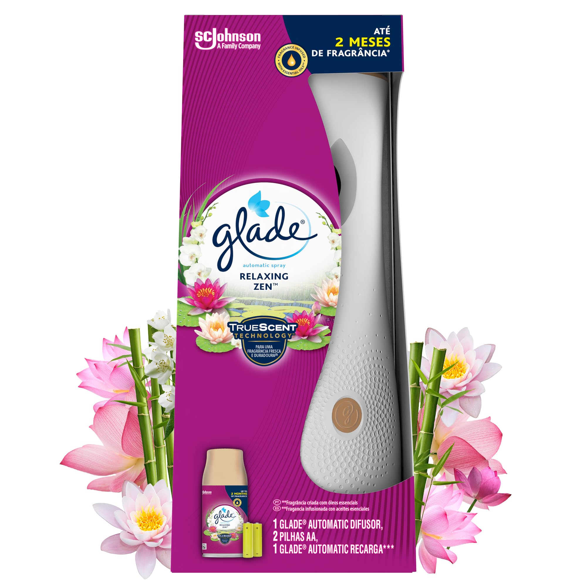 Glade Ambientador Automático Relaxing Zen, con Aceites Esenciales, Dura Hasta 60 Días, 1 Difusor + 1 Recambio