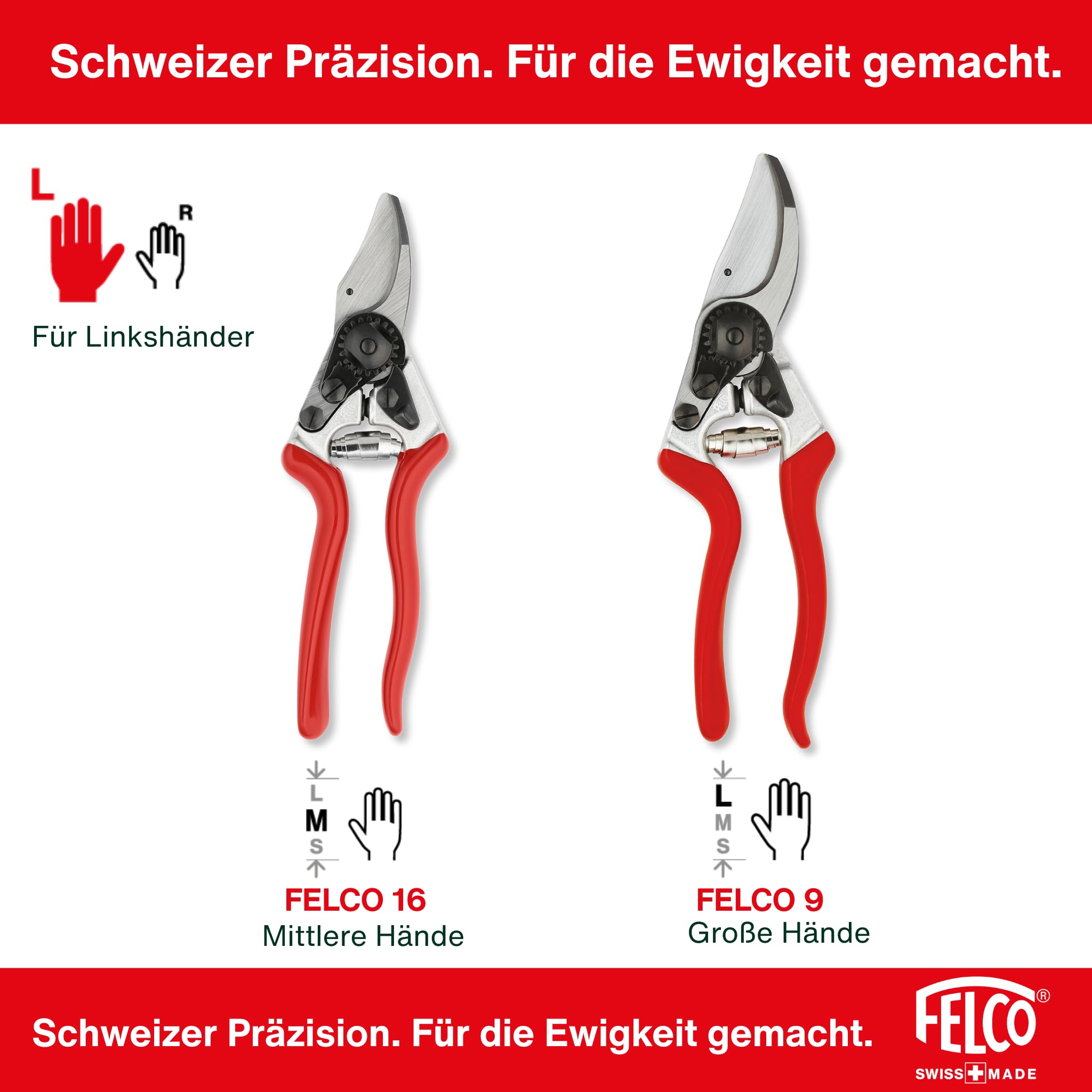 FELCO 13 Bypass-Gartenschere für Rechtshänder, große Hände, 55 mm Klinge, Schnitt bis 30 mm, verlängerter Griff für beidhändige Nutzung, ergonomisch, Swiss Made