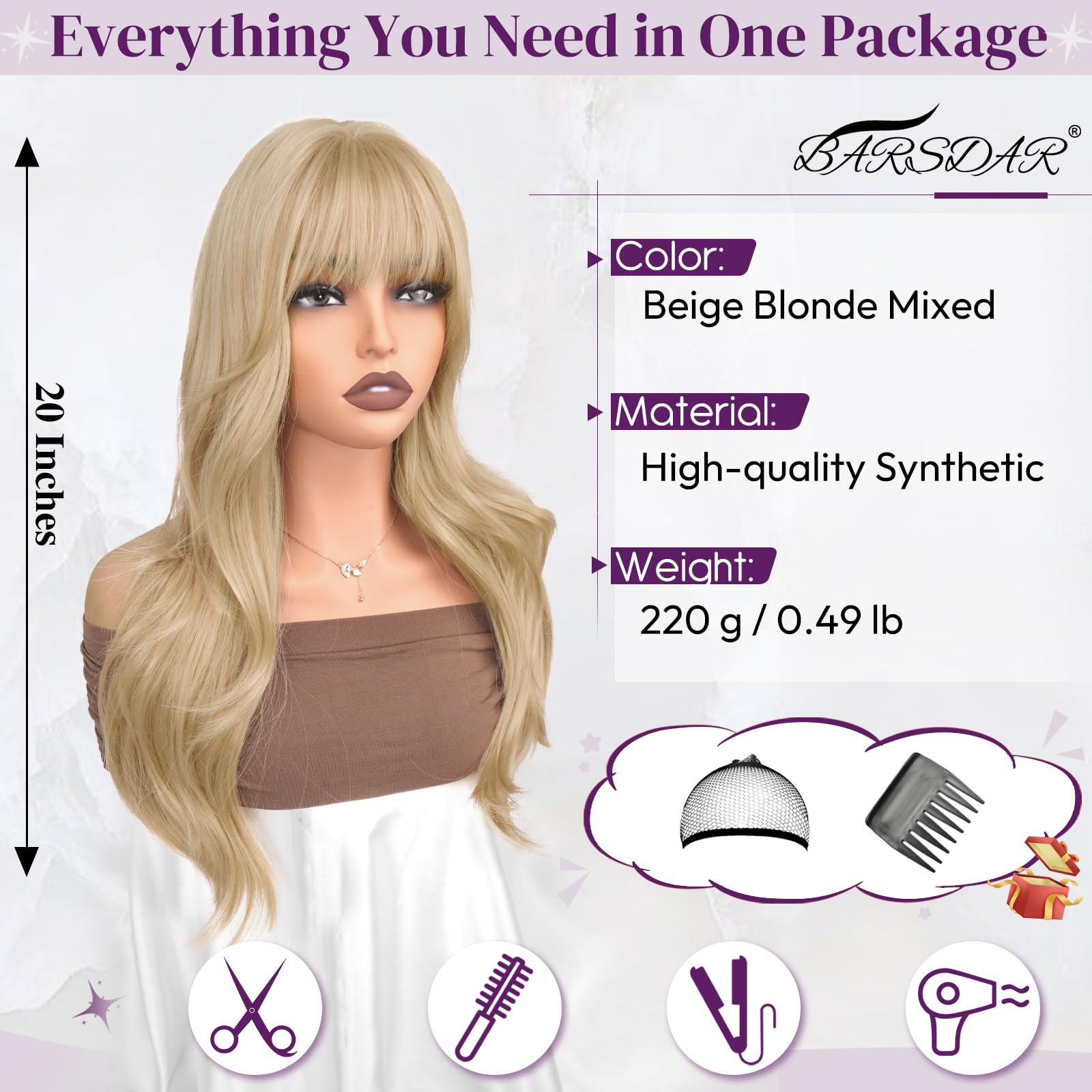 BARSDAR Beige Blond Perücke mit Pony, 50cm Layered Blond Perücke mit Bangs für Frauen Natürliches Aussehen Weiche Gewellte Synthetische Perücken Glattes Haarschnitt Fringe Tägliche Party Halloween