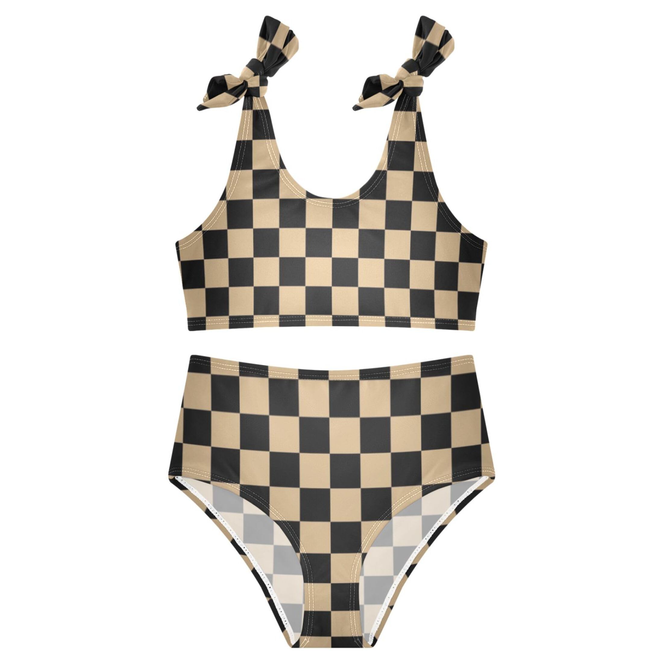 Girls Tankini Swimsuit 2 Piece Brown Plaid Chessboard Summer Bikini Bathing Suit 7-8T