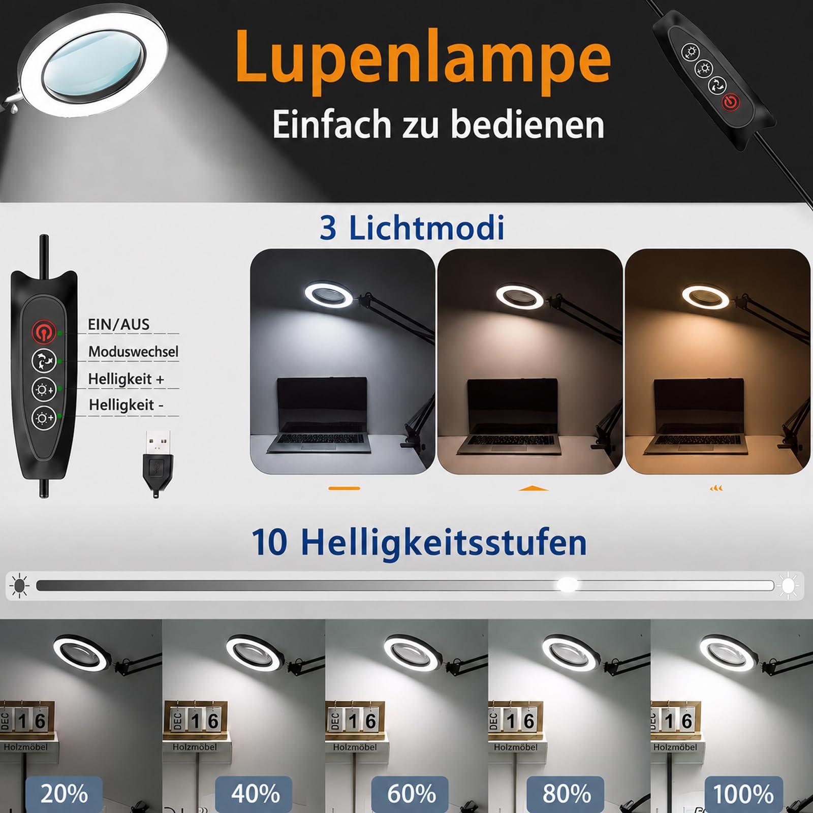 15X Lupenlampe mit Klemme – LED Schreibtischlampe mit 72 LEDs, 3 Lichtmodi & 10 Helligkeitsstufen, Echtglaslinse 4,3", Extra Langer Schwenkarm, Lupenleuchte für Basteln, Lesen & Elektronik