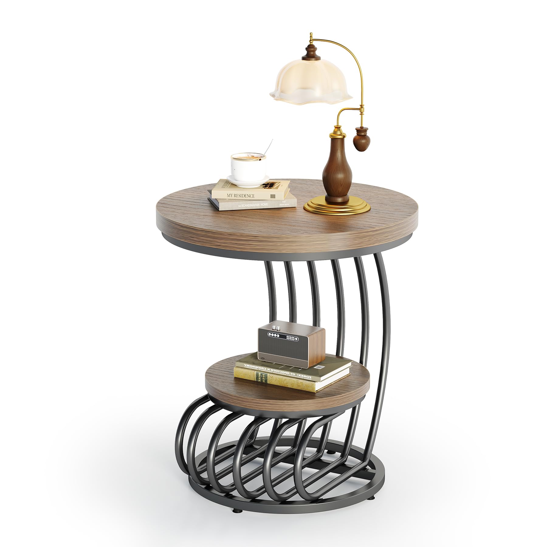 LITTLE TREE Round Side Table, Wood End Table with 2-Tier Storage Shelf, Accent Coffee Table, Creative Curved Metal Frame End Table for Small Spaces, Living Room, Bedroom, Light Brown + Black