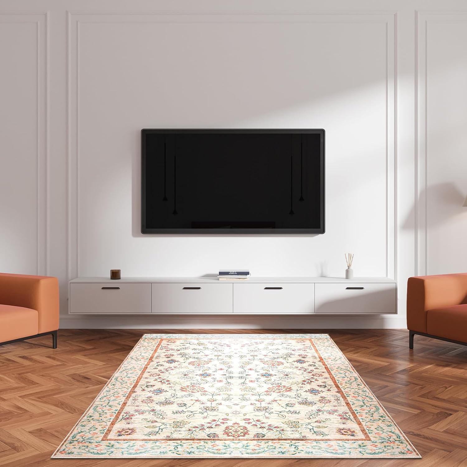 4x6ft Light Beige Tribal Print Area Rug, Vintage Moroccan Boho Floral Style, Ultra Soft & Durable, Non-Slip Backing Eco-Friendly, Perfect for Living Room/Bathroom/Nursery/Patio/Sunroom