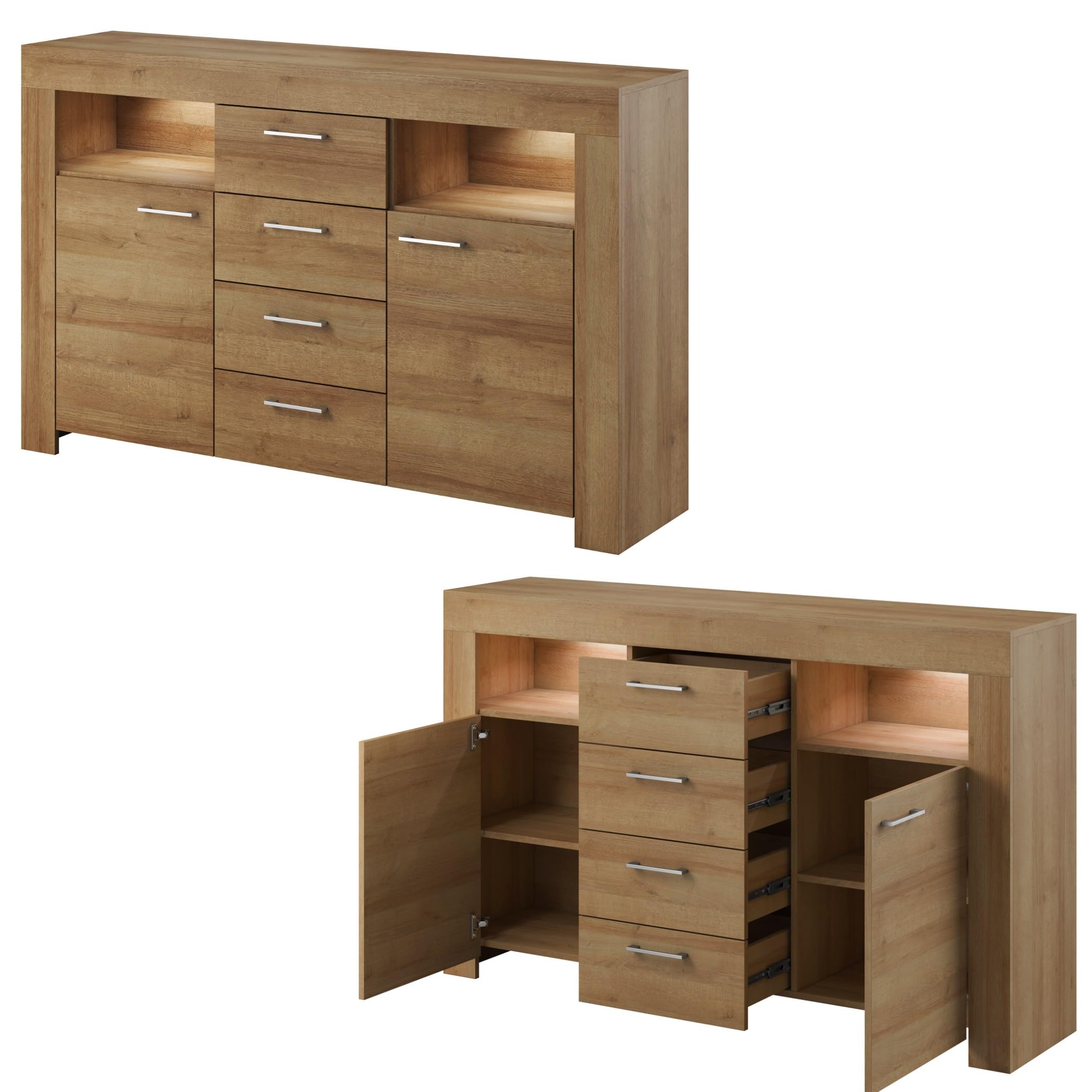 Wohnzimmer Set Wohnwand Sky Tv Schrank Vitrine Hängeregal Kommode Sideboard Couchtisch Eiche Rivera