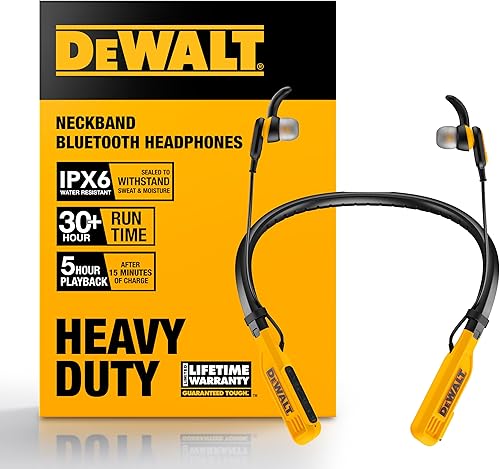 DEWALT Auriculares inalámbricos Jobsite Pro Bluetooth con banda para el cuello con 15 horas de reproducción aislamiento de ruido micrófono integrado