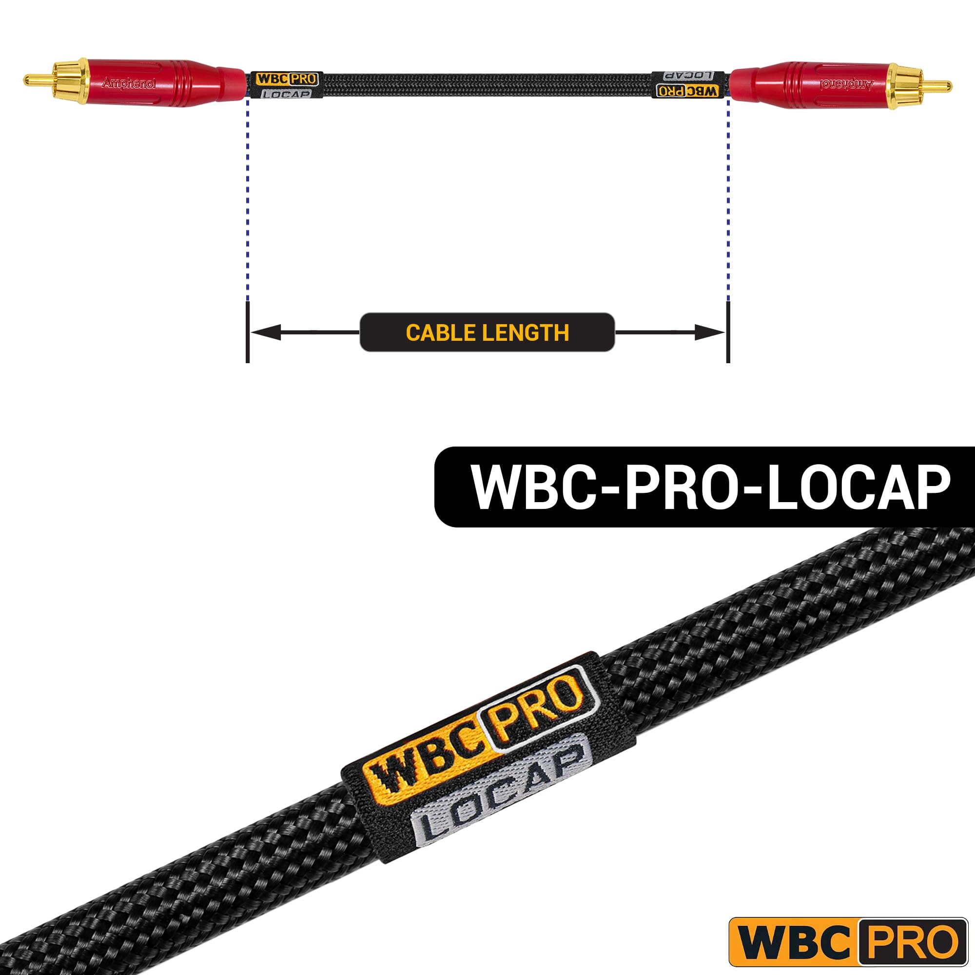 WBC-PRO-LOCAP Paire de câbles RCA de 60 cm de faible capacité (14pF/ft) 22 AWG Câble d'interconnexion audio ultra silencieux et audio de qualité professionnelle avec prises RCA Amphenol ACPR dorées et