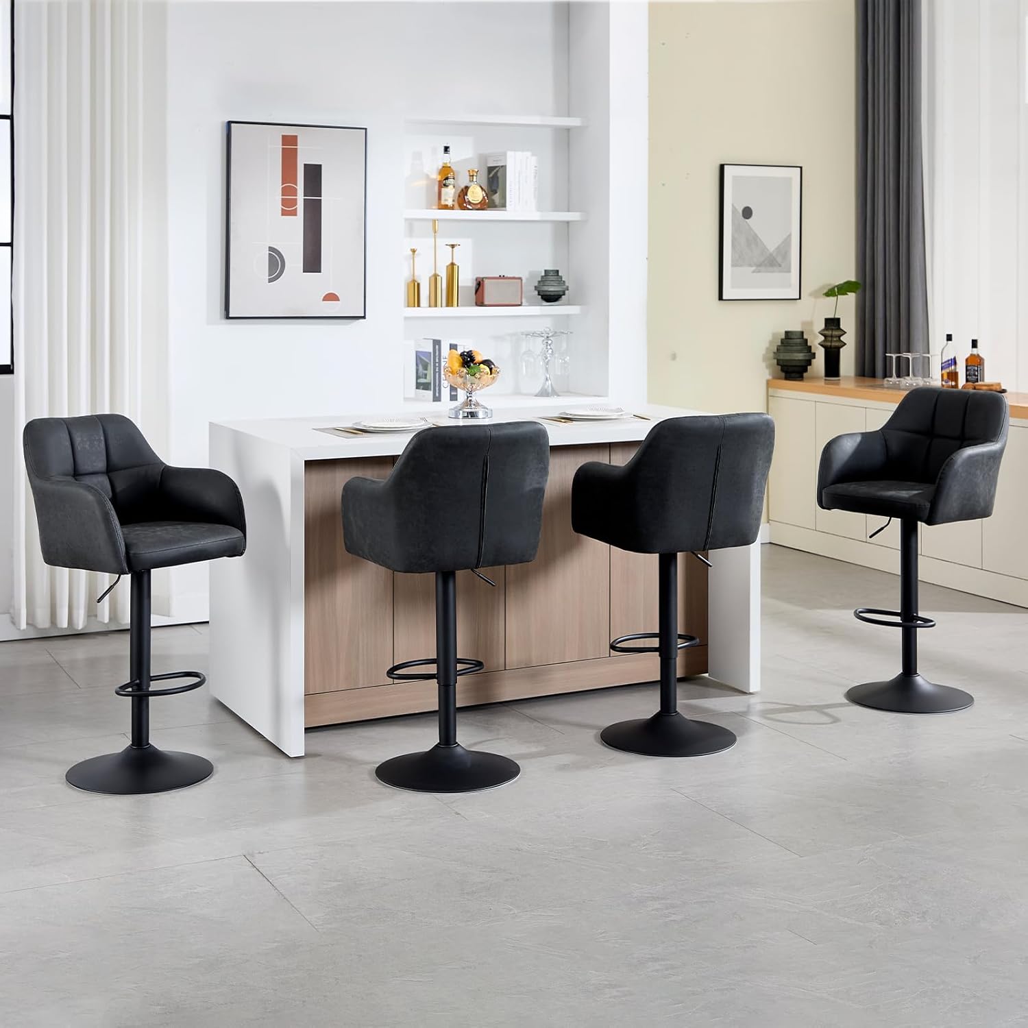 Modern Swivel Barstools Set of 2 Leather Counter Height Barstools with Armrest Upholstered Adjustable Bar Chair with Metal Base Footrest for Kitchen Island/Home Bar/Dining Room, Dark Grey