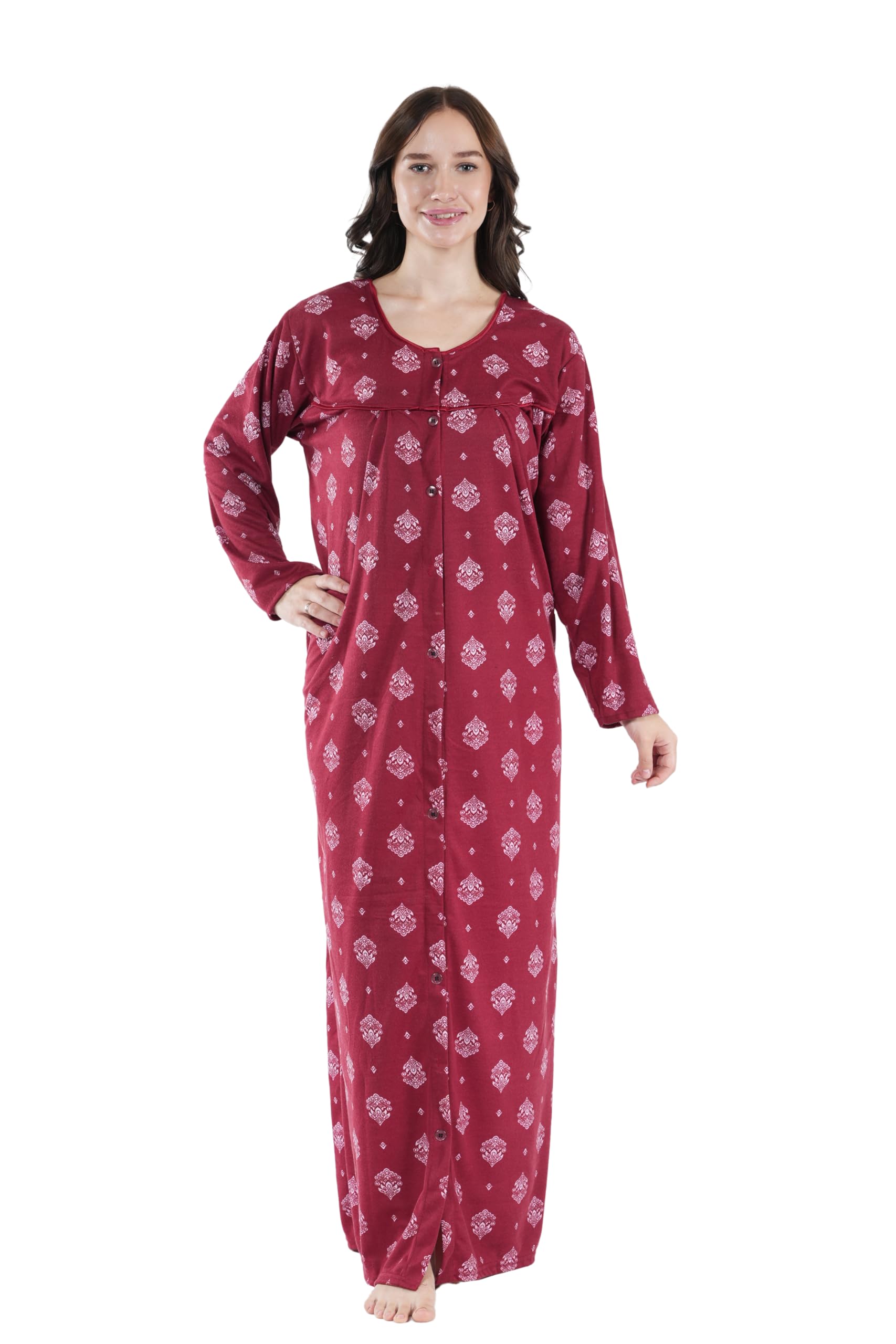 Women's All Over Printed Long Sleeve Open Front Cotton Blend Nighty/Maxi/Nightgown/Nightwear WSR-114-image-37