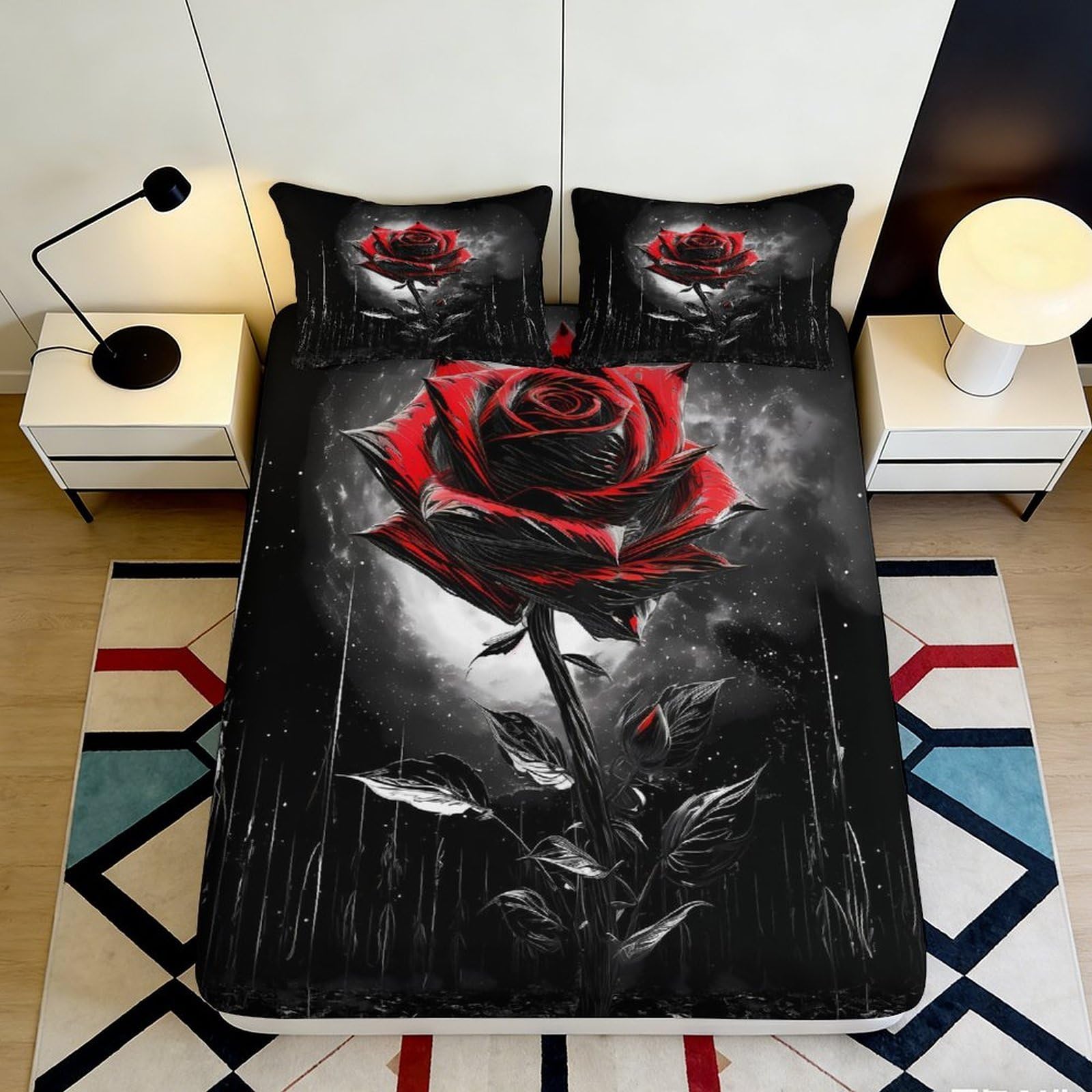 Dhbaneiok Style-1 3D Printed Red Rose Fitted Sheet Microfiber Soft Black Artistic Flower Mattress Cover For Bedroom Guest Room Decor 90X200x25cm