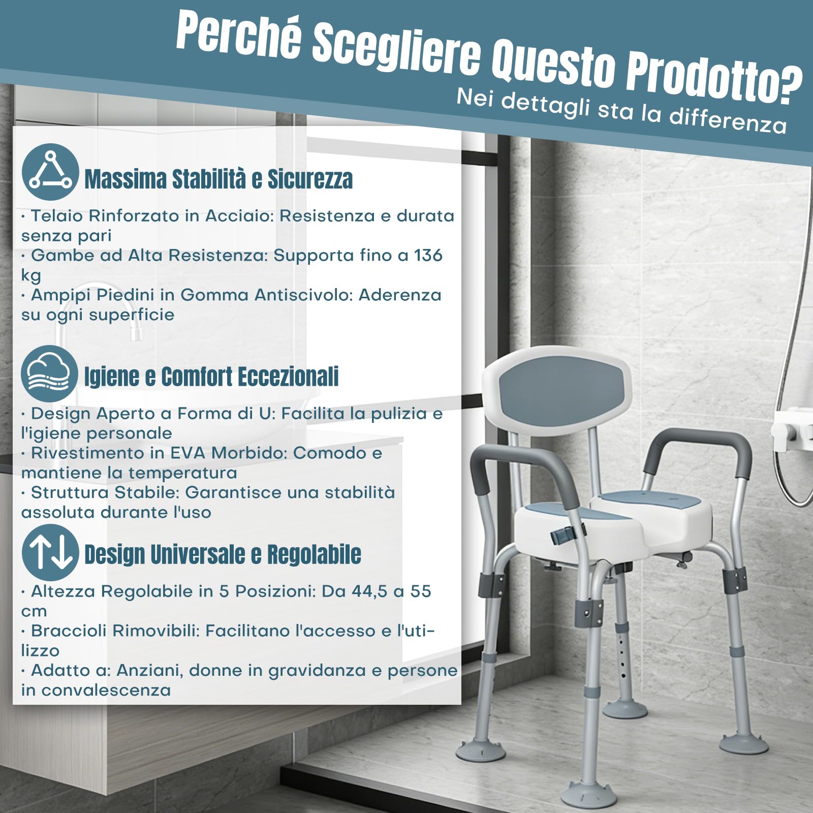 Sedia Doccia Anziani Sgabello Doccia Anziani con Braccio Rimovibile Sedile con Schienale Antiscivolo in Alluminio 5 Altezza Regolabile Fino a 136kg