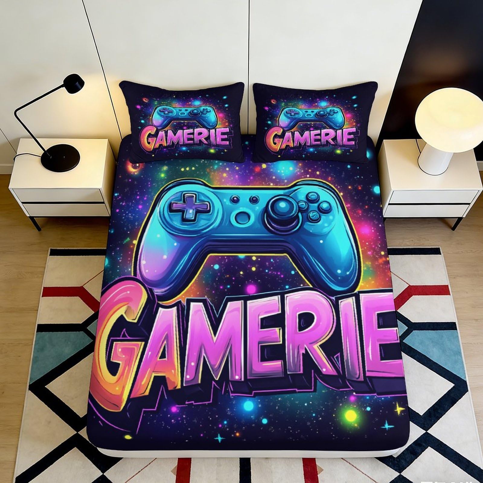 Pnayamiorkfel Style-8 3D Printed Neon Gamepad Fitted Sheet Microfiber Soft Anti-Slip Galaxy Graffiti Bed Cover For Bedroom Dorm Decor 90X200x25cm