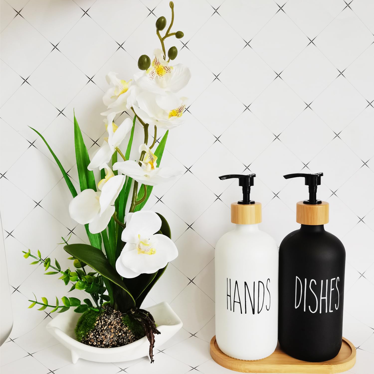 Glass Kitchen Bin Soap Dispenser Set, Modern Soap Dish Dispenser With Tray For Kitchen Sink Bathroom With Pump 500ml, Home Farmhouse Kitchen Decor (Black&White)