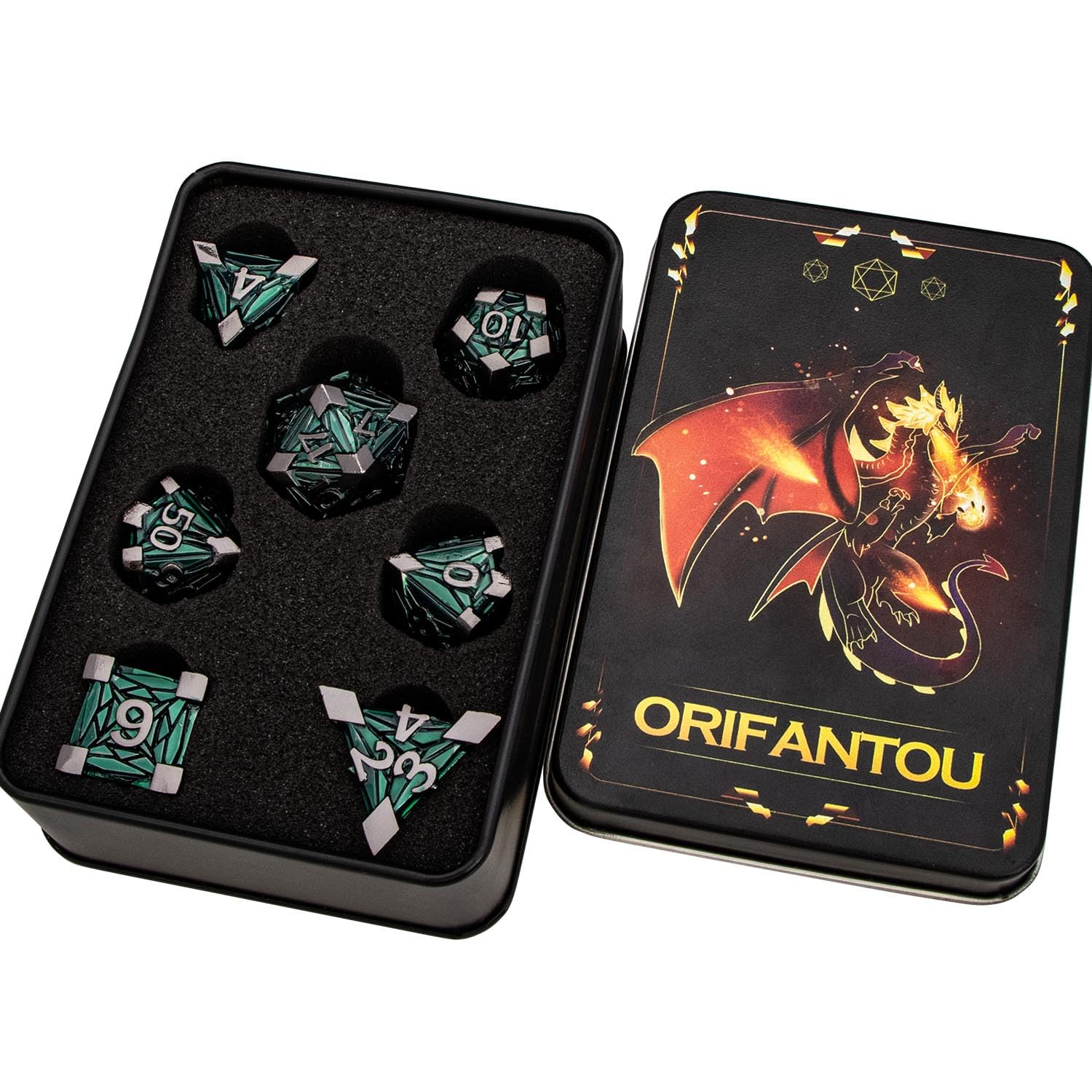 Lot de 7 dés en métal DND avec boîte, dés polyédriques verts D et D pour jeux de rôle sur table D&D - Ensemble de dés D20 D12 D10 D8 D6 D4