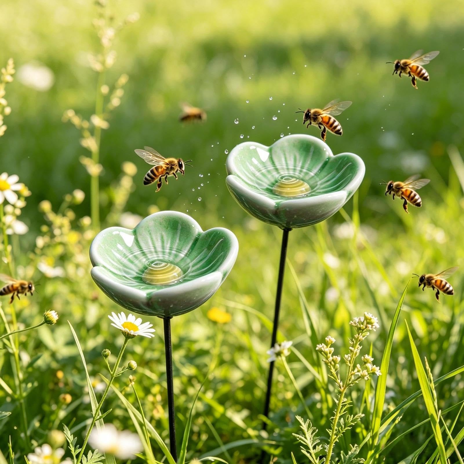 Bee Watering Station for Garden, 2PCS Ceramic Cups for Bees, 11 Inch Handmade Flowers Bee Bath Cups for Garden Stake, 2026 New Bees Water Feeder for Gardens, Yard, Lawn, Patio Decor