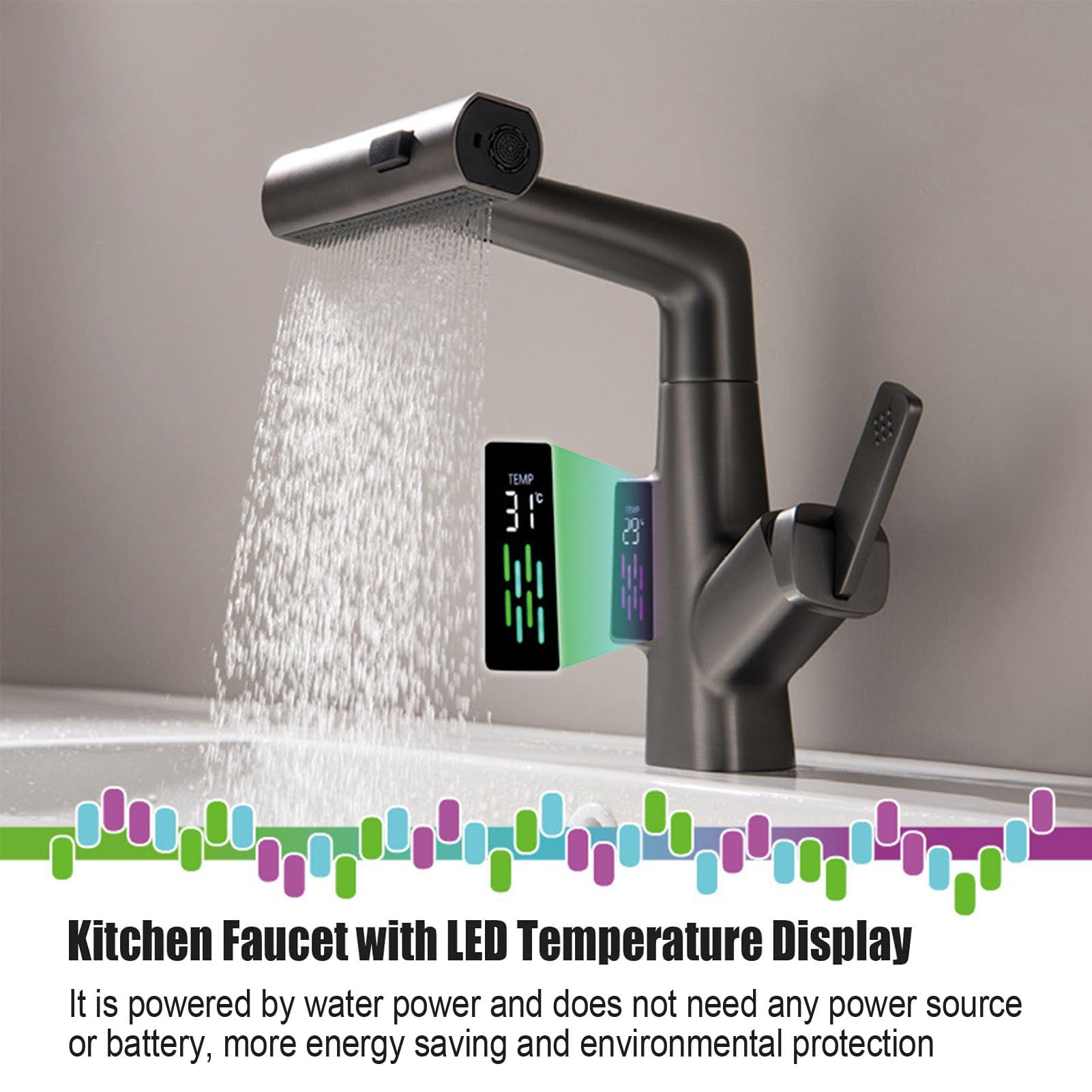 Grifo de baño con rociador extraíble, Grifo de Lluvia con Pantalla LED de Temperatura para Lavabo de baño, Grifo de baño elevable, Grifo Mezclador de Lavabo de una manija, Gris