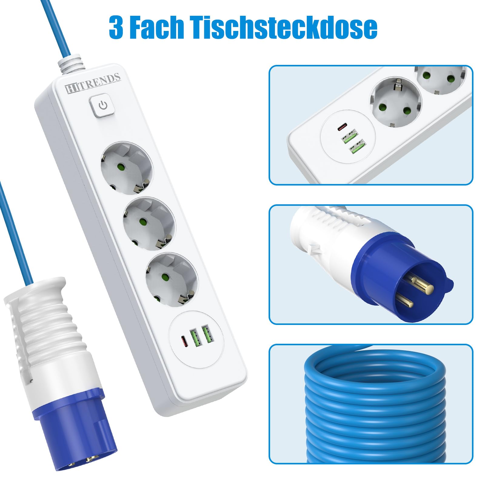 Versenkte Steckdose mit USB, Einbausteckdose mit Schalter, 3 Fach Tischsteckdose, Steckdosenleiste mit 2 USB A+1 USB C, Steckerleiste mit CEE-Stecker für Camping, Wohnwagen, Zelt, 5M Kabel-Weiß, IP44