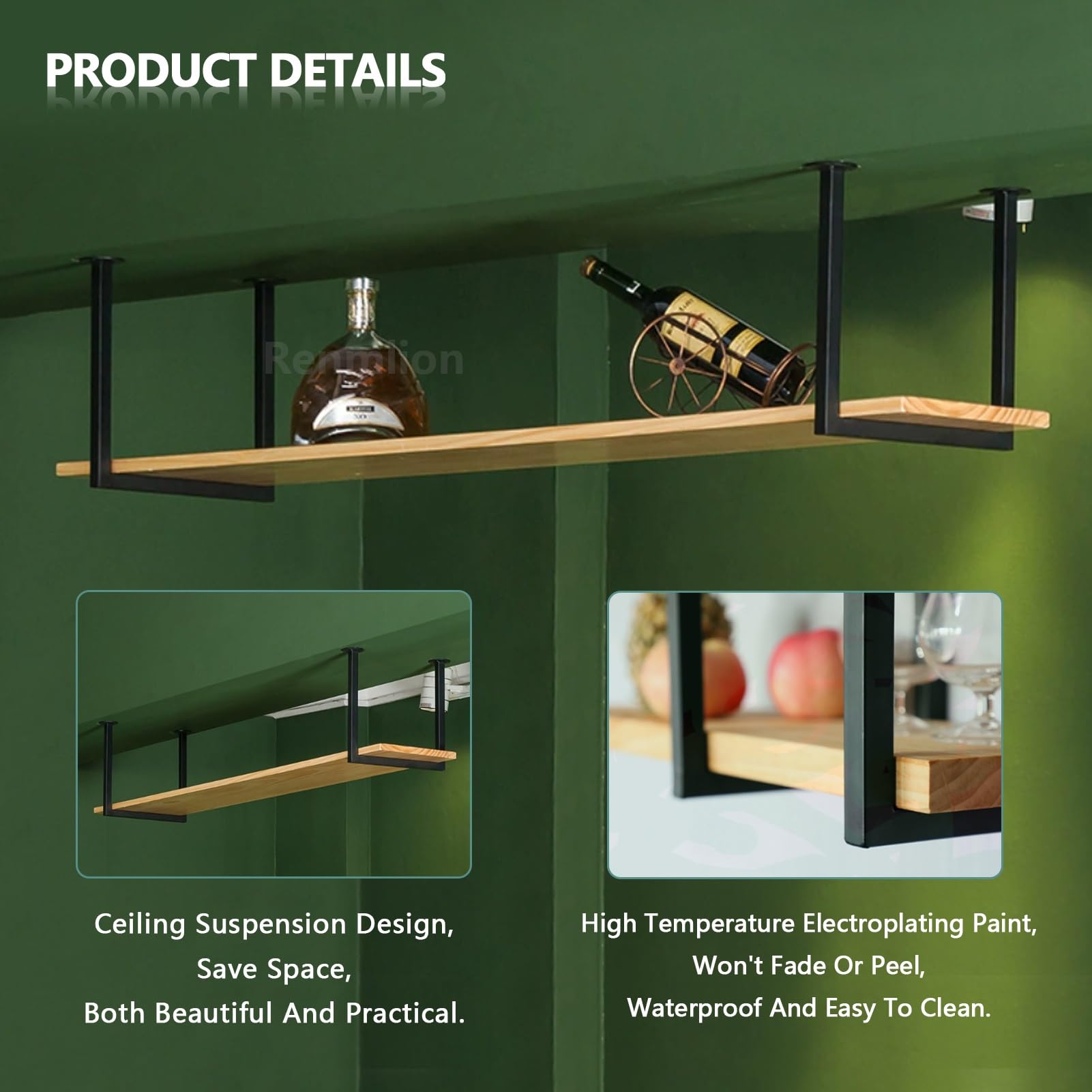 Deckenregal Schwebende Dekorationsregale, Deckenhängeregal aus Holz und schwarzem Metall Eisenrahmen Lagerregal, Wandmontage Weinglasregal für Küche, Wohnzimmer, Restaurant, Bar(120x30x40cm)