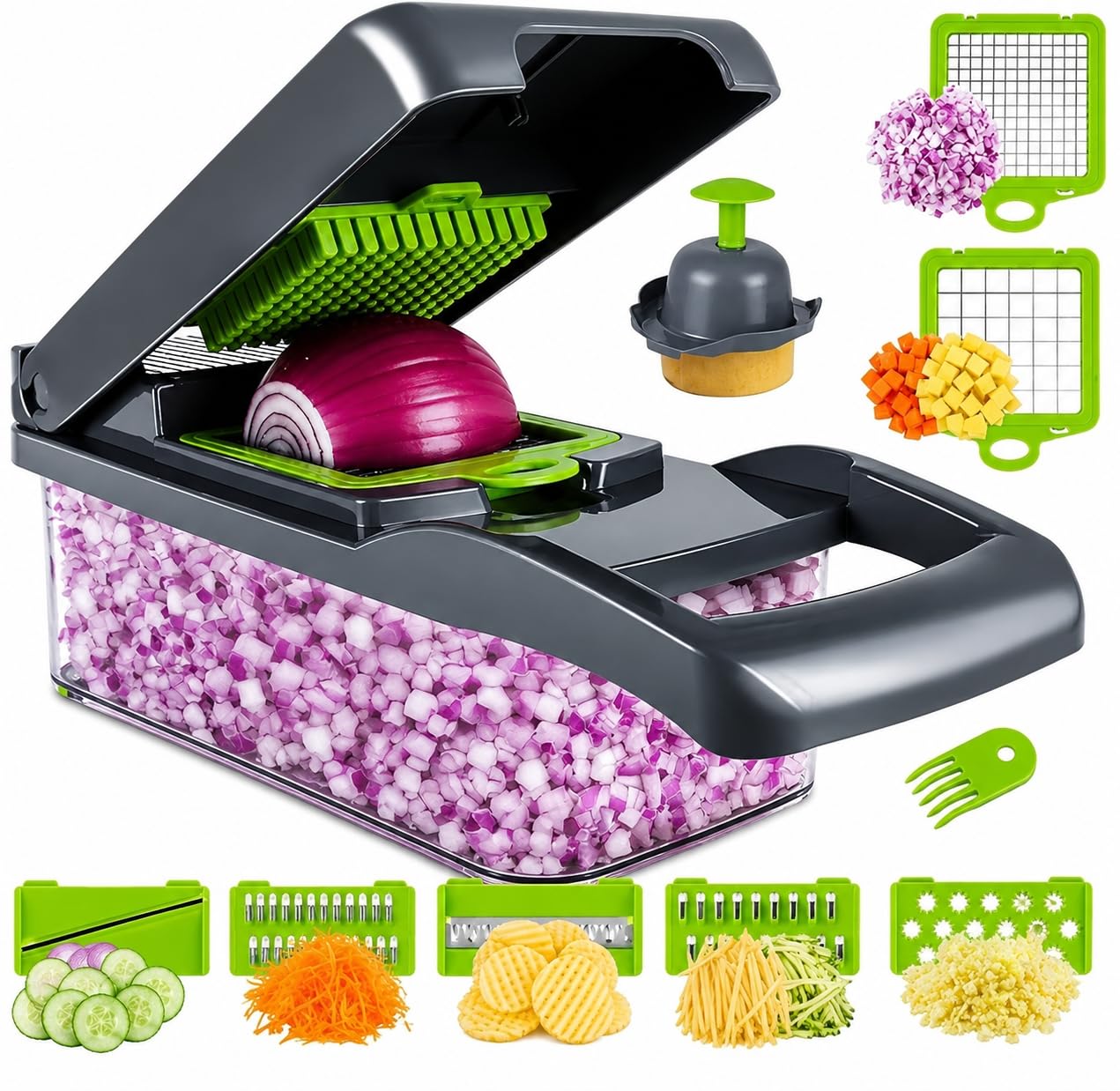 2Kart 16-in-1 Vegetable Chopper with Container | Multi-Functional Vegetable Cutter & Onion Slicer, Manual Food Chopper, Interchangeable Blades, Dishwasher Safe-image-49