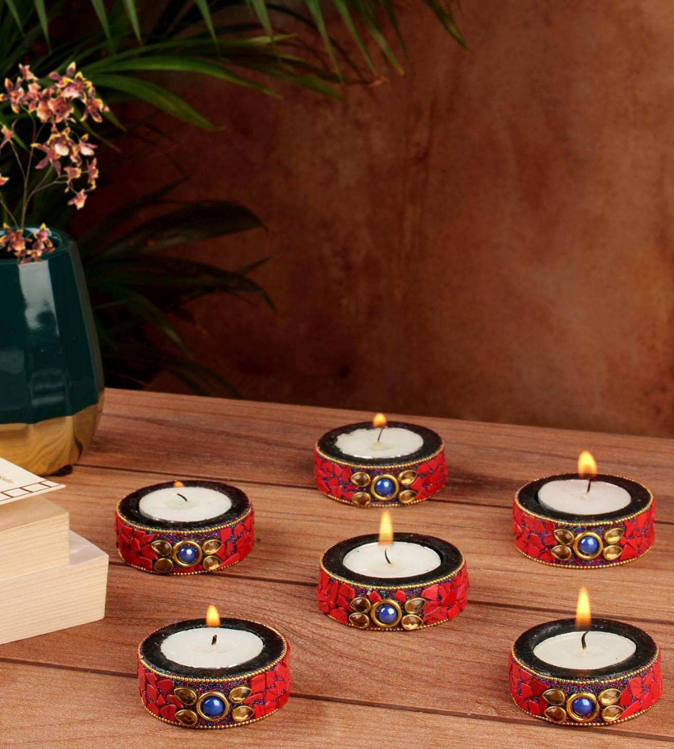 INDICAST Wooden Stone Work Candle for Home Décor Set of 6 Handcrafted Diwali Diya Decorative Showpieces Reusable Tealight Candle Holder for Living Room Dining Area Gifts Item (Red) (B09F17DFL5) Amazon Price History, Amazon Price Tracker