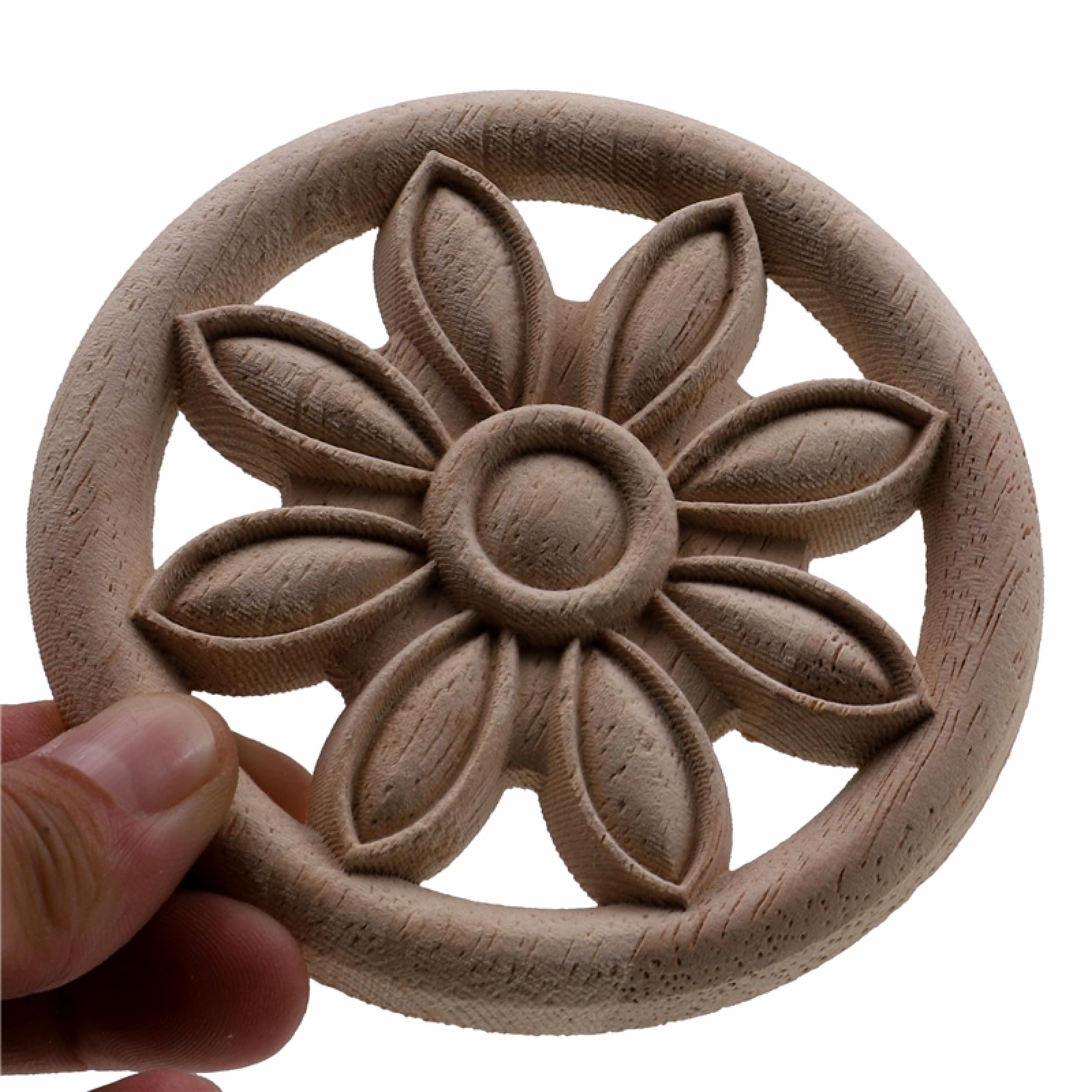 Applique Rotonda In Legno Intagliato Naturale 24 Cm - Decorazione Fai Da Te Per Mobili E Porte - Rosone Non Verniciato In Stile Vintage