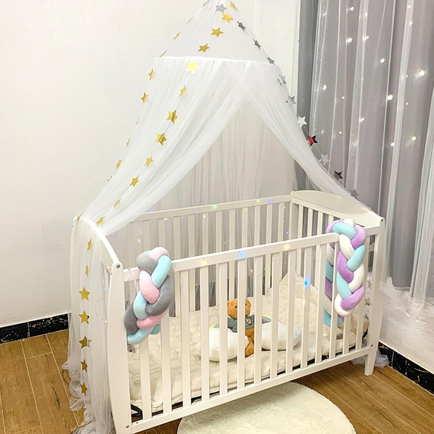 Kids Bed Canopy with Stars:Breathable Canopy Bed Curtains,Hanging Net Crown Bed Tent,Princess Room Decor for Kid's Room,Nursery,Reading Nook (White)