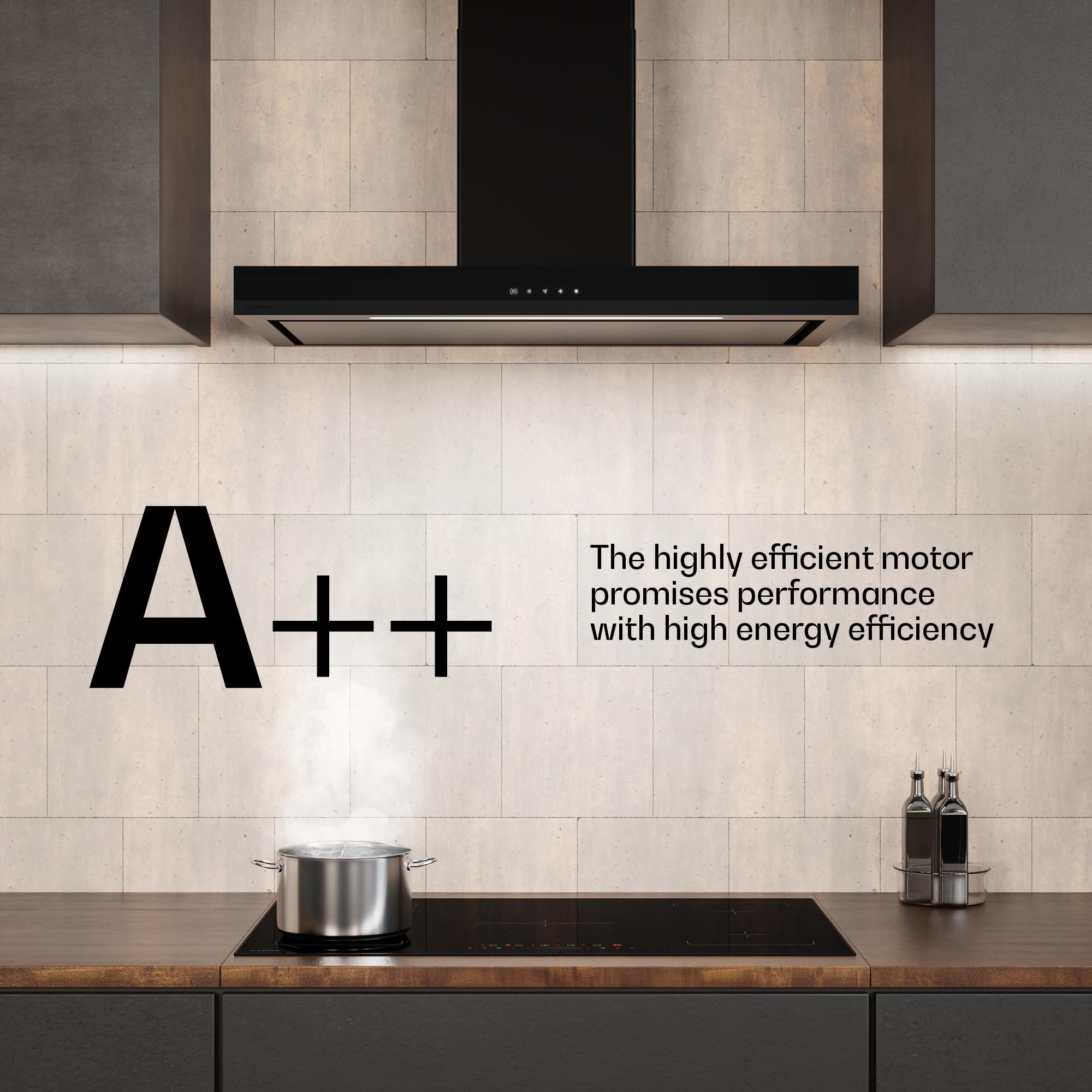 Klarstein Okap, Velaire 90 cm – efektywność energetyczna A++, 595 m³/h, sterowanie dotykowe, dioda LED, cichy, okap ścienny, aluminium i filtr z węglem aktywnym, czarny