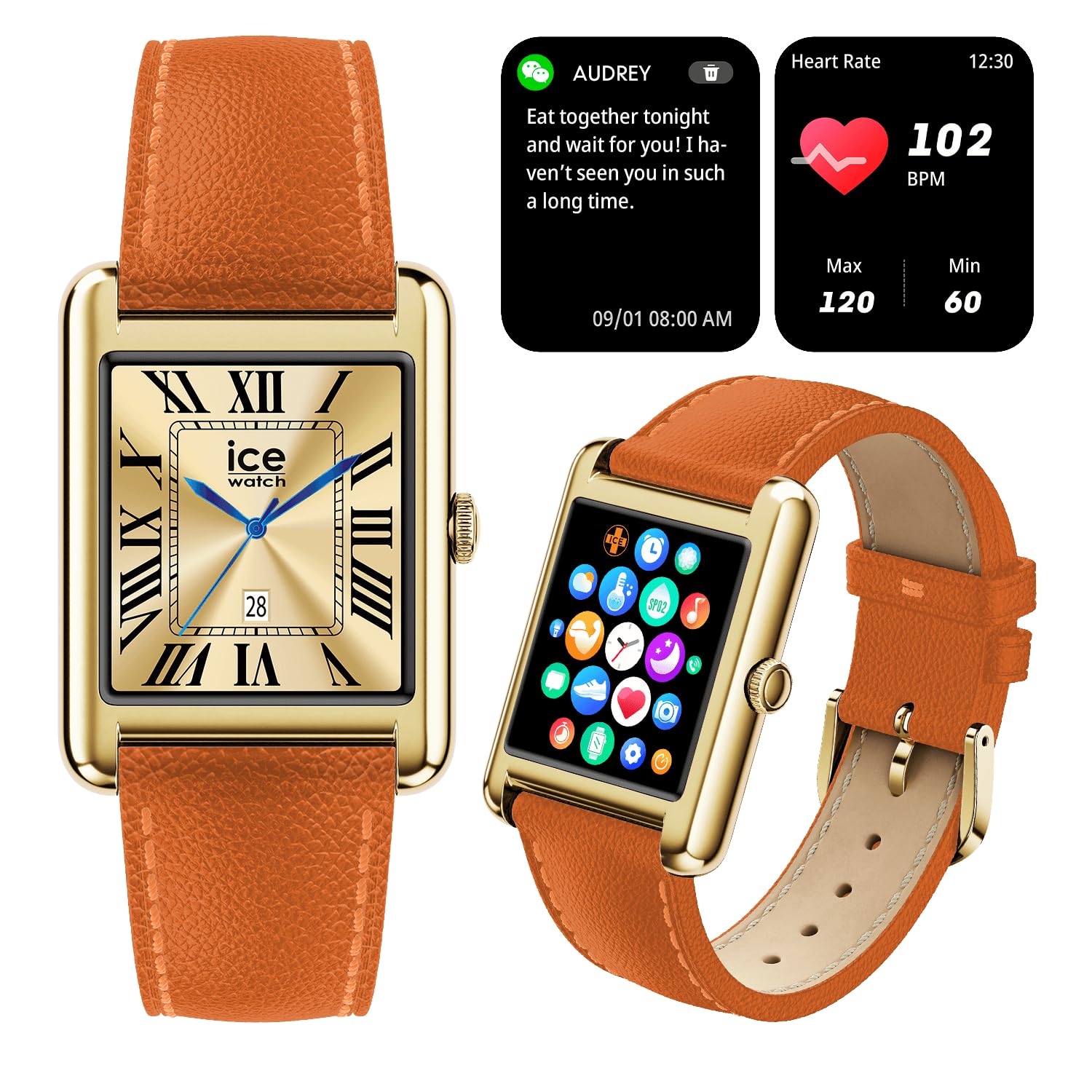 Ice-Watch - ICE smart TKS 2.0 Gold Orange grain - Złoty smartwatch dla kobiet z skórzanym paskiem - 025620 (1,41 cala / 32 mm) - Smartwatch, monitorowanie aktywności fizycznej i zdrowia
