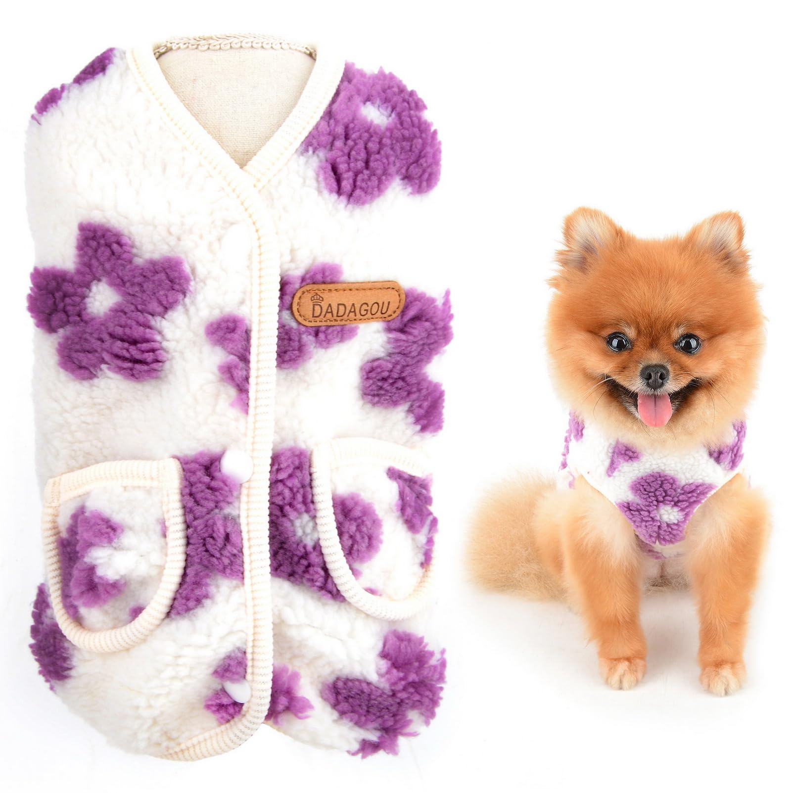 SMALLLEE_LUCKY_STORESMALLLEE_LUCKY_STORE Floral Dog Sweater Fleece Vest Fall Winter Warm Sweatshirt Jacket for Small Dog Girls with Pockets Cat Apparel Puppy Yorkie Chihuahua Clothes,Purple,L