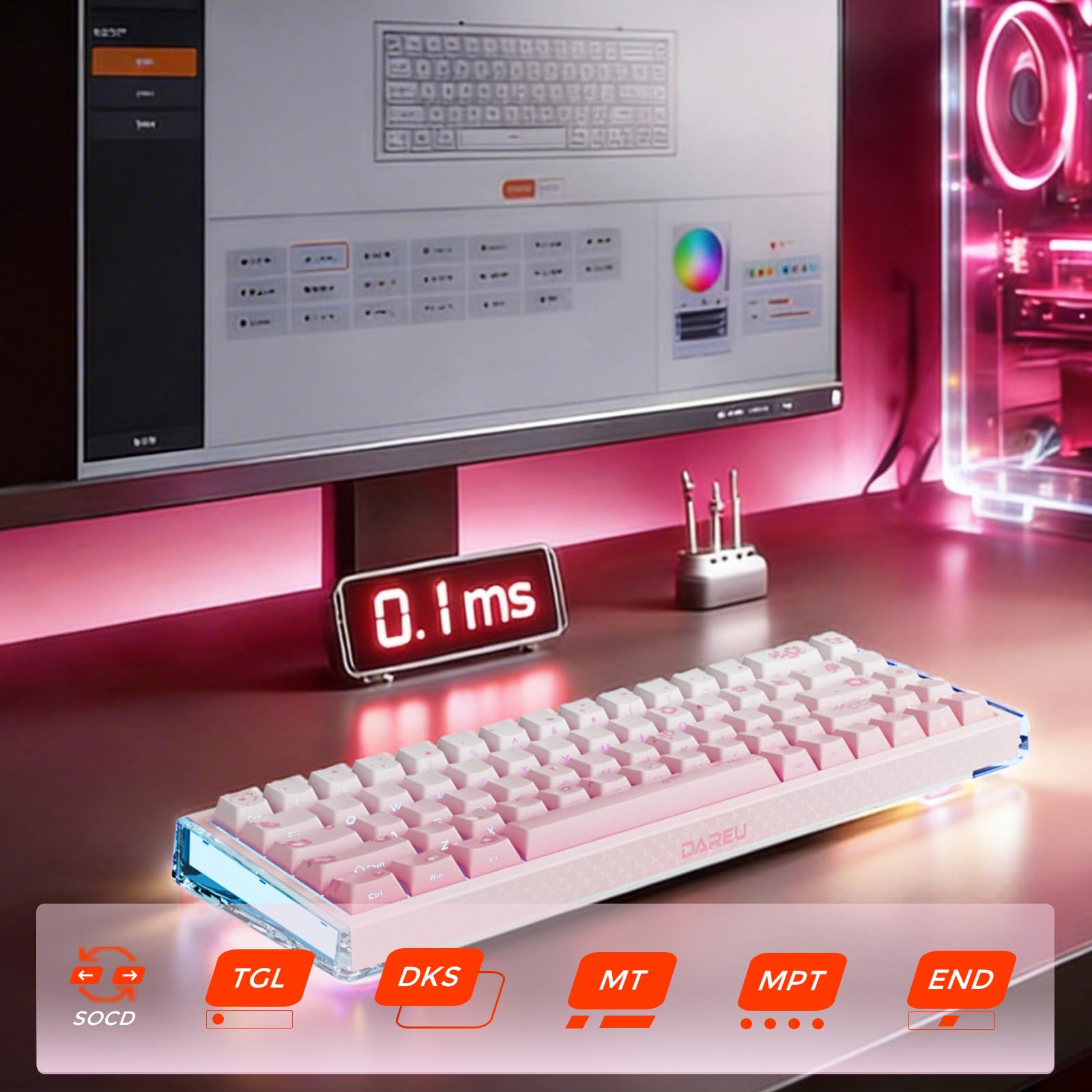 DAREU COOL68 Sakura Pink Clavier Gaming 8000 Hz Rapid Trigger, Précision RT de 0,01mm, 65% Filaire Clavier avec Magnétique Hall Effect Switches, Hot Swap, Gasket, 20 RGB Modes, Actionnement Réglable