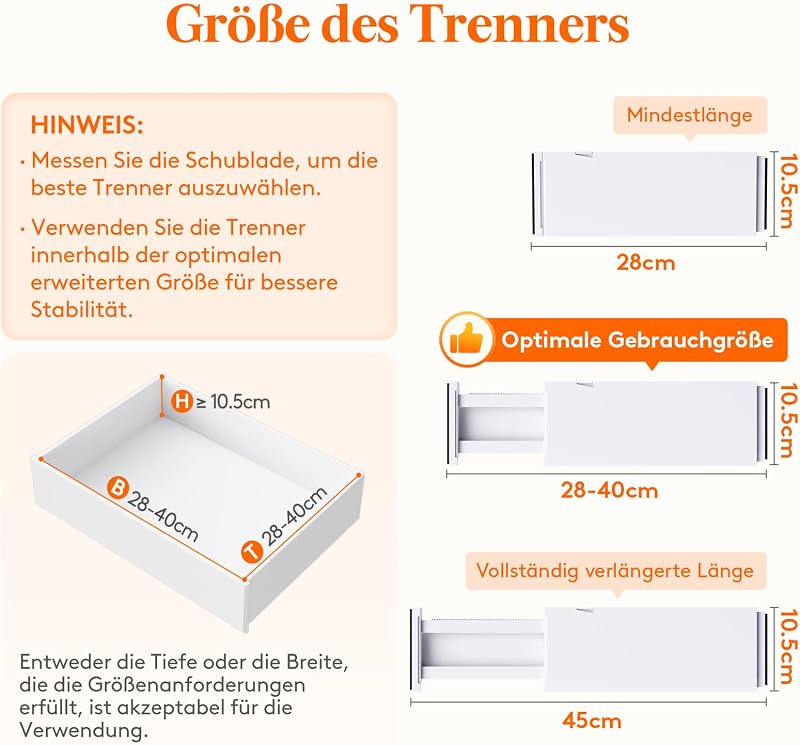 Lifewit 4 db-os Állítható Fiókrendező Szett 27-40 cm Hosszúságú Fiókokhoz, Fehér Elválasztó Rendszer Ruhásszekrénybe, Konyhába, Irodába