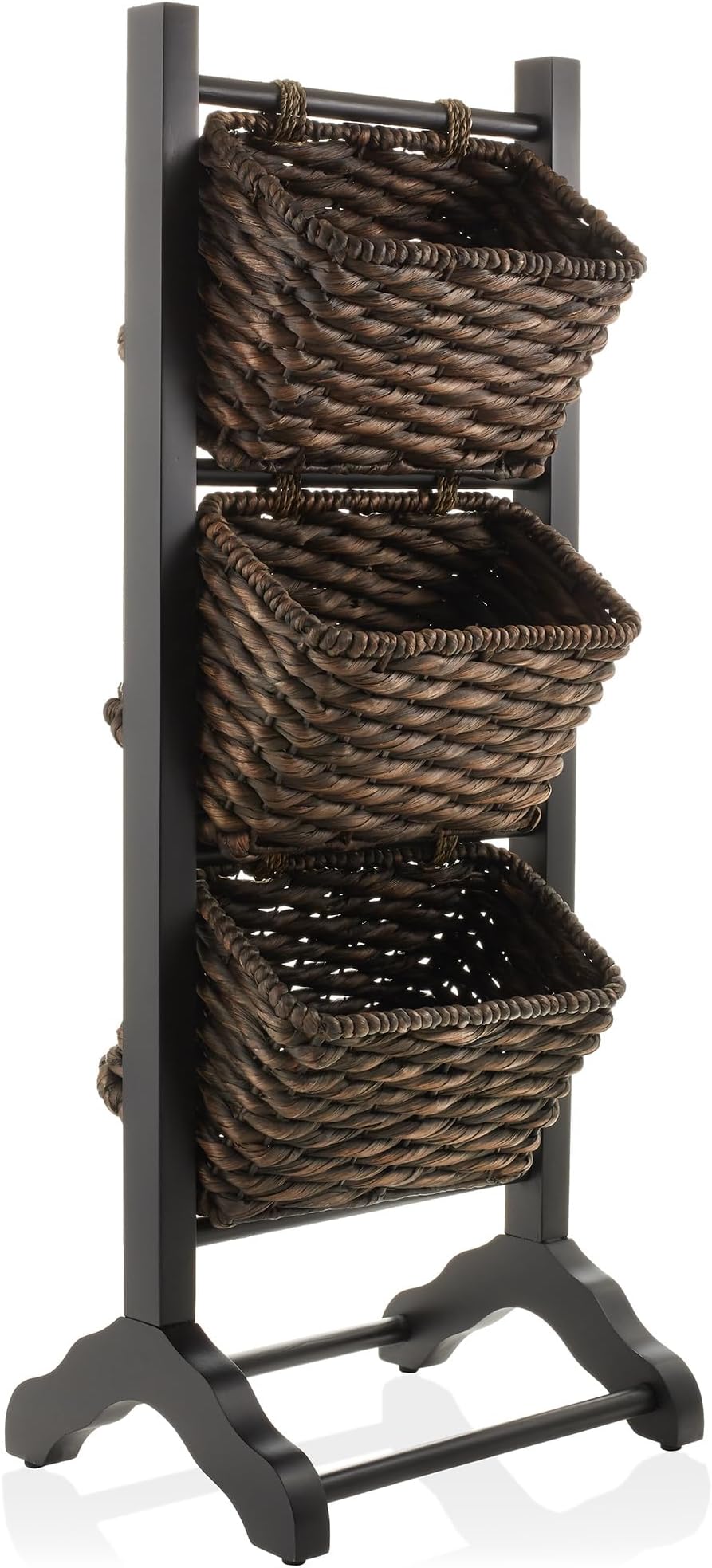 Casafield 3-Tier Floor Stand with Water Hyacinth Storage Baskets, Black/Espresso - Standing Organizer Rack for Bathroom, Kitchen, Laundry, Living Room
