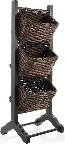 Casafield Soporte de suelo de 3 niveles con cestas de almacenamiento de jacinto de agua, negroespresso, organizador de pie para baño, cocina,