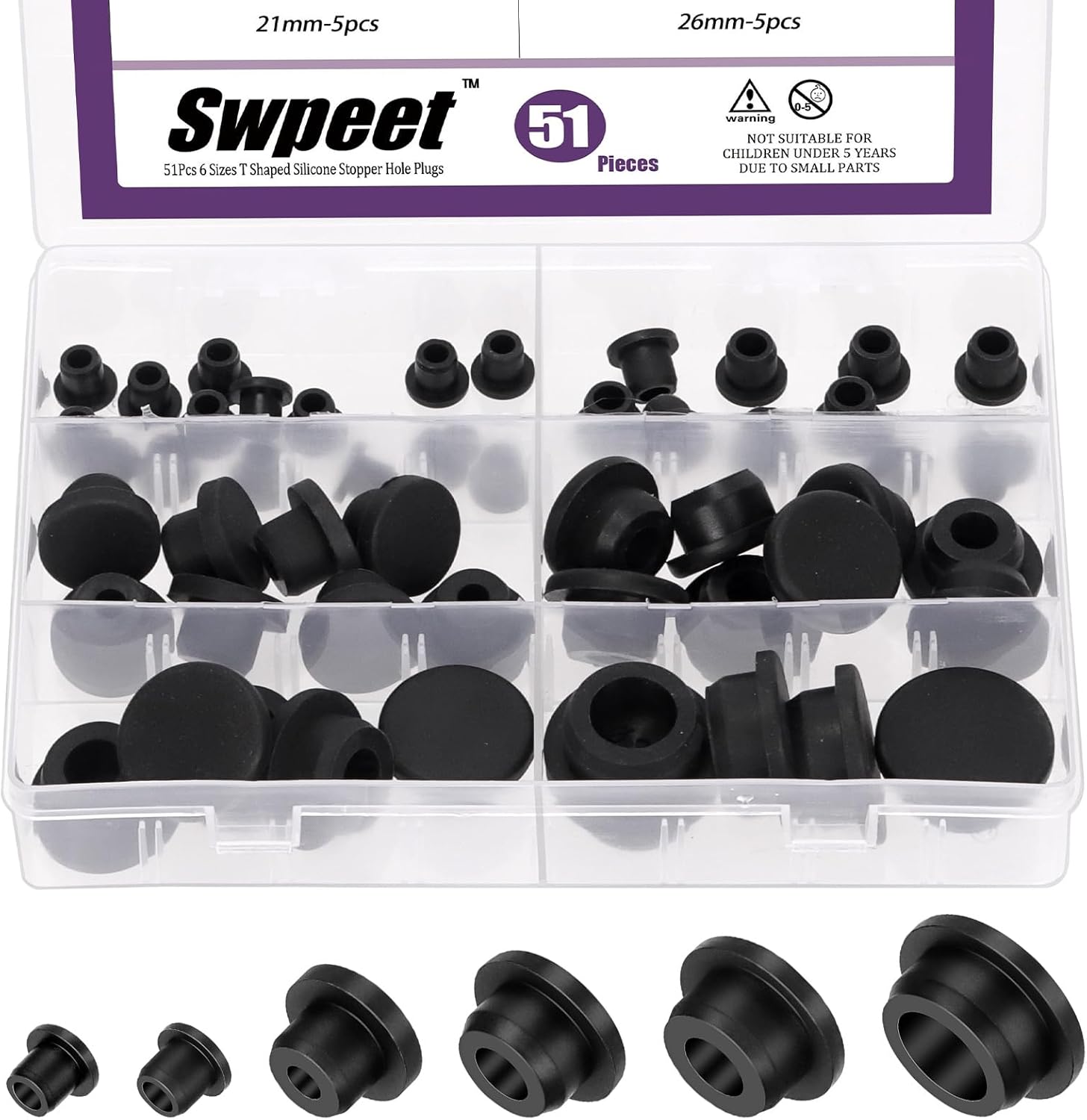 Swpeet 51Pcs 6 Sizes 8.3/10/15/19/21/26mm Silicone Rubber Hole Plug Kit, T-Shaped Rubber Stopper, Waterproof Snap-On Bottle Seal, Black