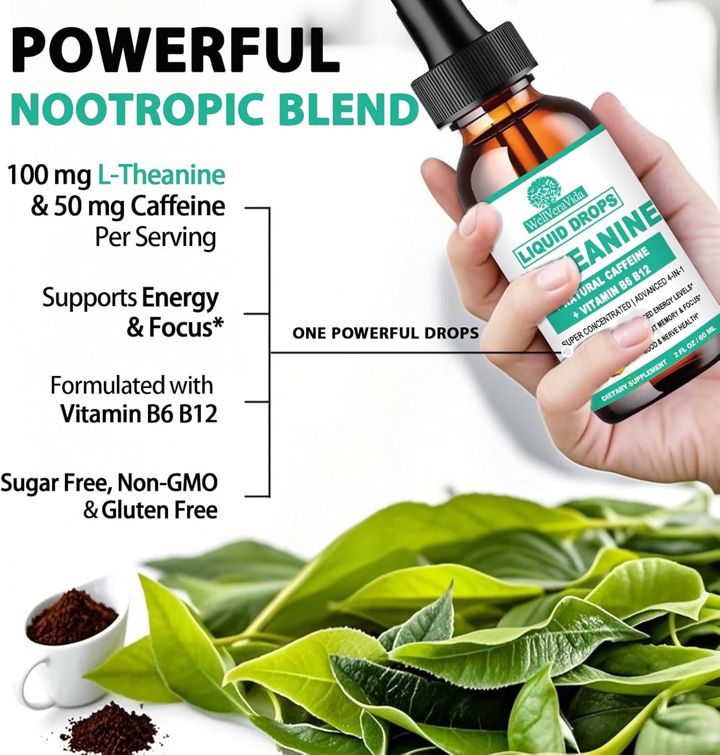 L Theanine Caffeine Liquid Drops, High Potency L-Theanine 100mg w. Caffeine Vitamin B12 B6, Natural Nootropic Brain for Smooth Energy Focus Alertness, 6X Stronger Than Pills Powder Gum - Image 2