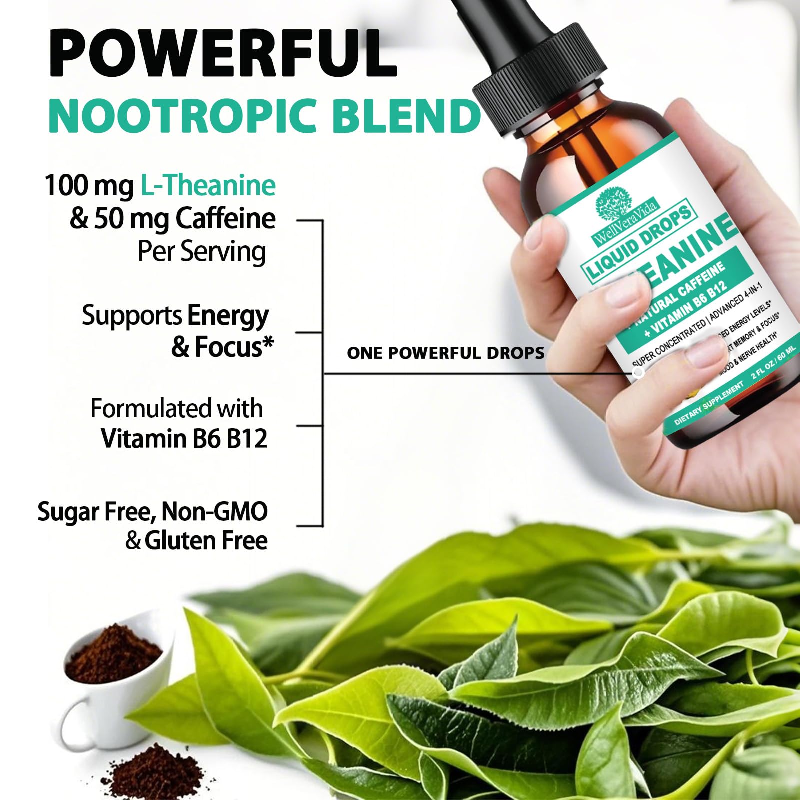 WellVeraVida L Theanine Caffeine Liquid Drops, High Potency L-Theanine 100mg w. Caffeine Vitamin B12 B6, Natural Nootropic Brain for Smooth Energy Focus Alertness, 6X Stronger Than Pills Powder Gum — Amazon image 2