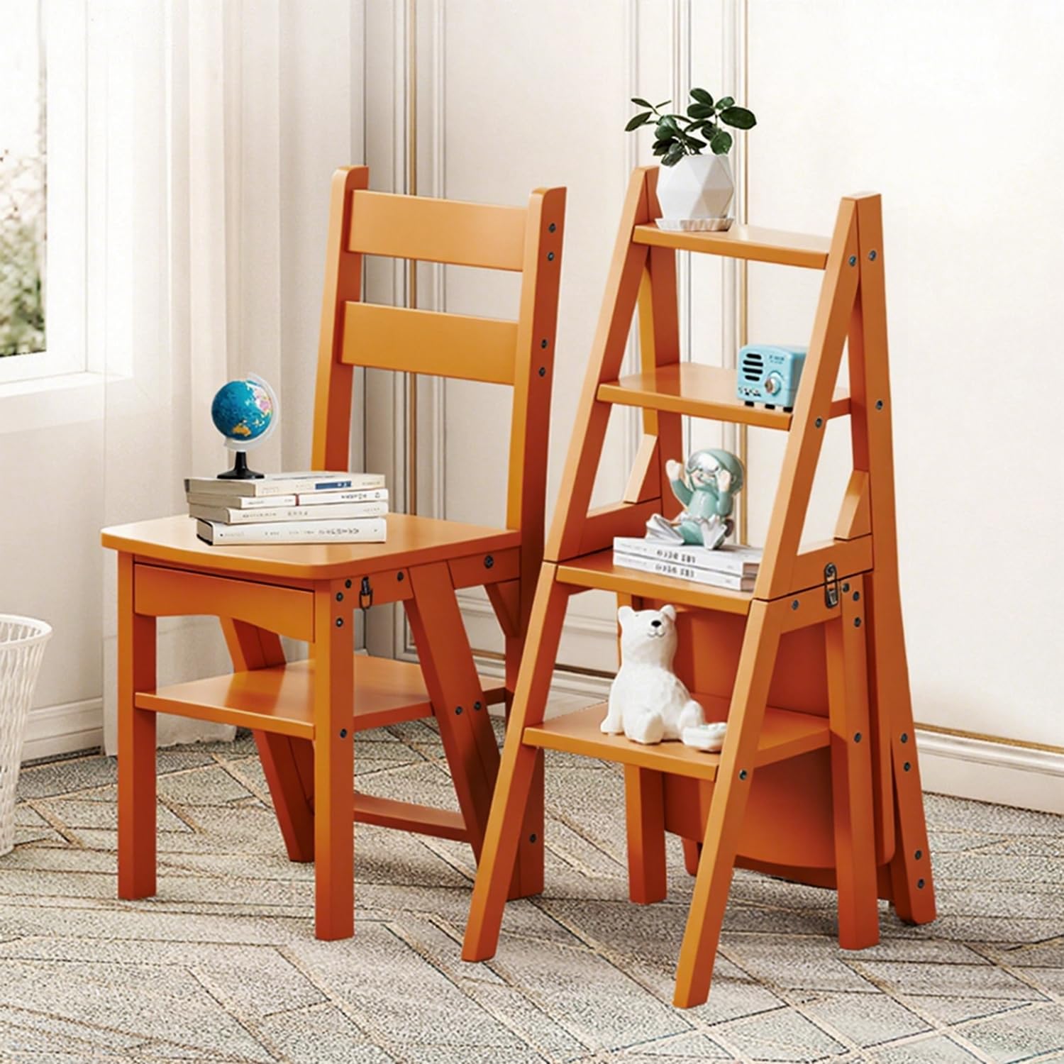 Sgabello a Scala Pieghevole 3-in-1 in Legno Massello, Sgabello Convertibile e Supporto Espositivo, Scala Multi-funzionale a 4 Ripiani, per Casa, Cucina, Biblioteca, Capacità 150kg (Marrone)