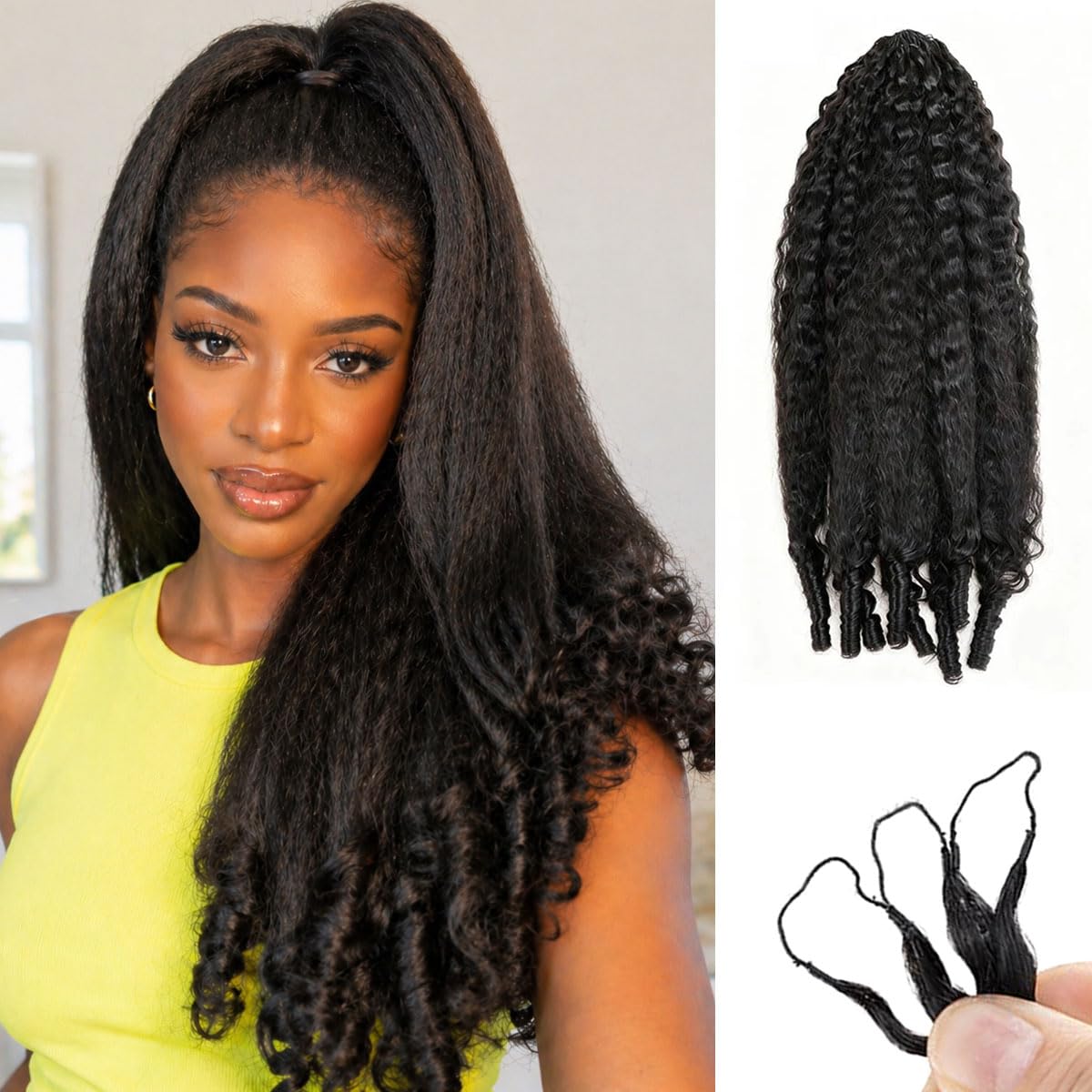 Kinky Straight Crochet Hair for Black Women with Sprial Ends 60g Pre‑Separated Feather Crochet Human Hair Invisible Reusable Human Crochet Hair Lightweight Hair Extensions, Natural Black 18inch