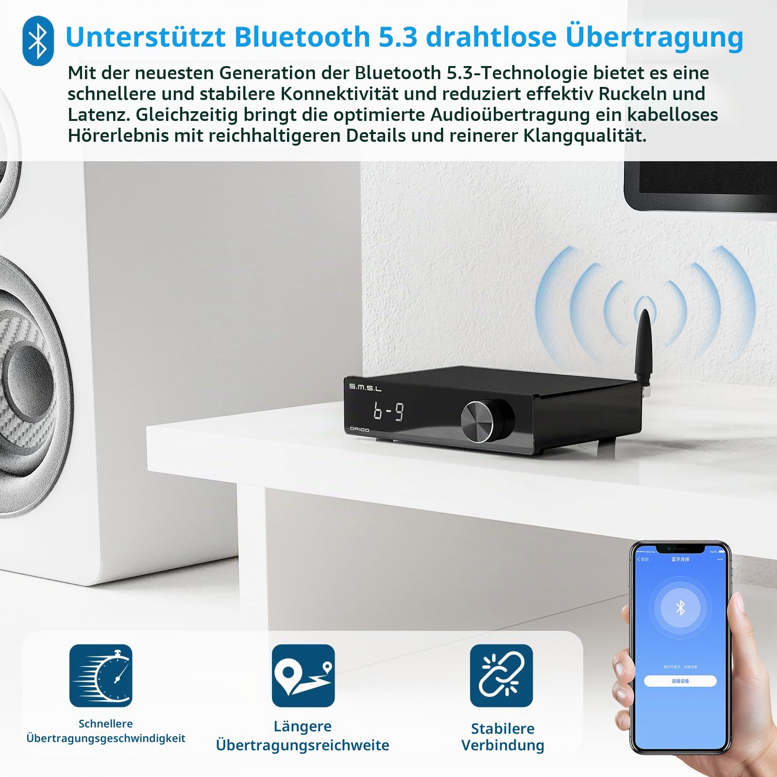 SMSL DA100 Leistungsverstärker 100W TI TAS5827 *2 Class-D-Verstärker Hoch-/Tiefpass 2.1 Subwoofer Bluetooth 5.3 Elektronische Lautstärkeregelung Stereo-Verstärker BT/USB/HDMI (ARC)/Optisch/Line-In