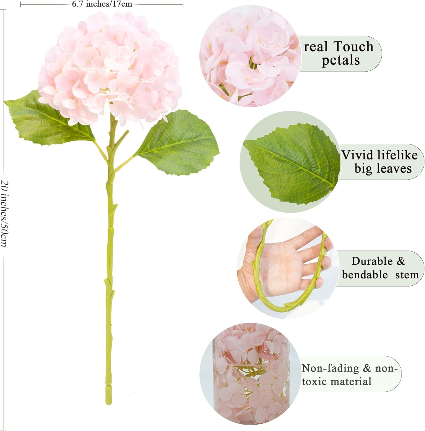 Jahe 4 Pcs Hydrangea Artificial Flowers, 20'' Tall Large Bloom Faux Hydrangea Flowers,Real Touch Fake Flowers, Bouquet Home Wedding Party Decor, DIY Floral Arrangement,Light Pink