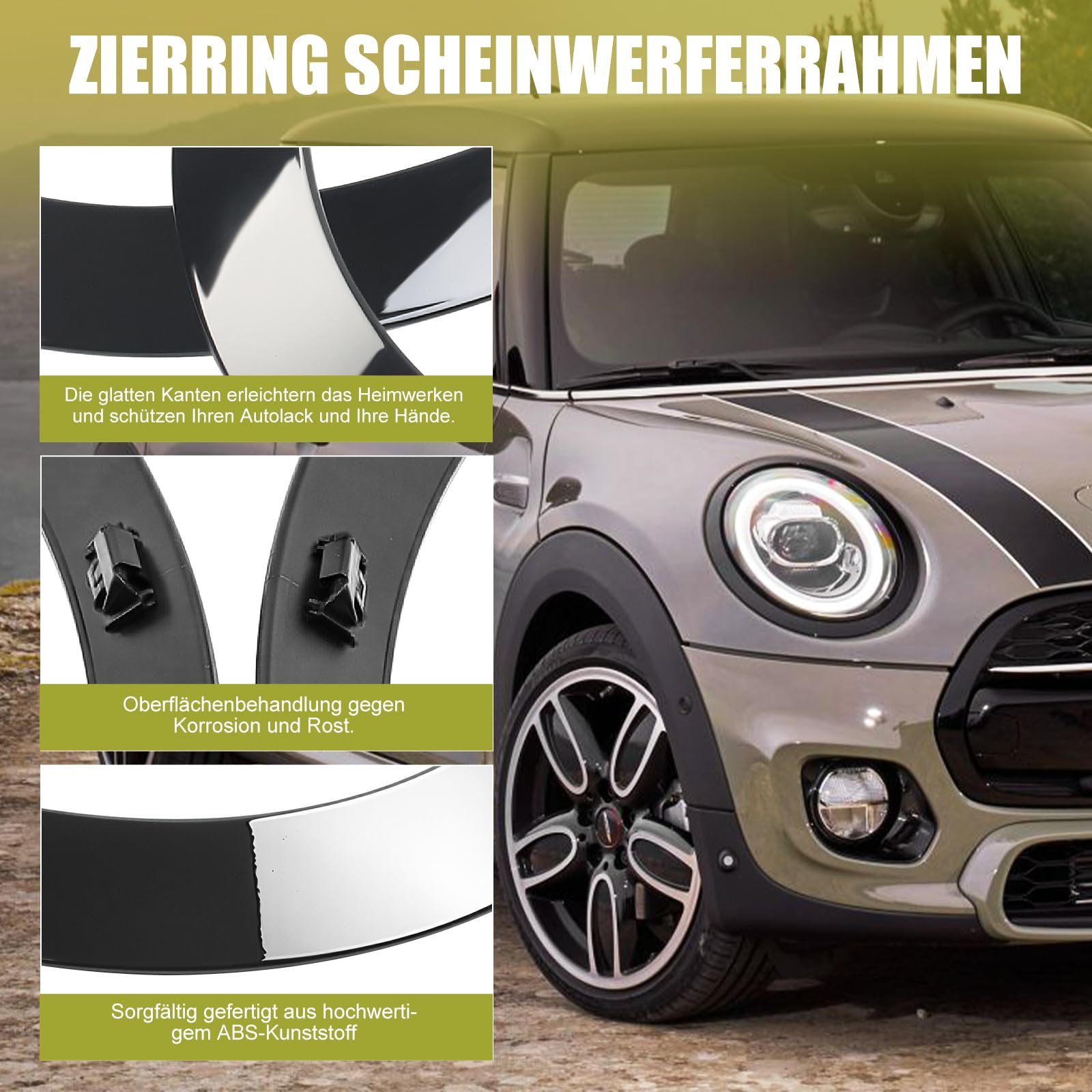 2 piezas de mini anillo decorativo para faros, tiras de cubierta de faros de repuesto para autos. Compatible con BMW Mini Cooper 14-21 F55 F56 F57, 51137300631 51137300632 51712355791