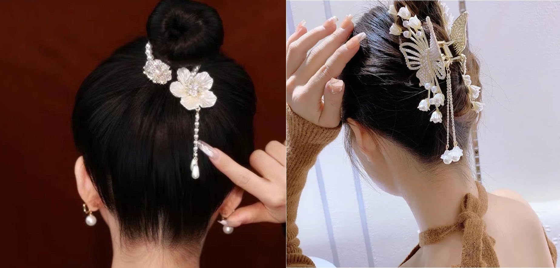 Pearl Hair Claw Clips for Women Tassel Butterfly Twist Flower Large Clutchers Alloy Hair Styling Jaw Juda Clips Bun Hair Accessories(Pk-2)