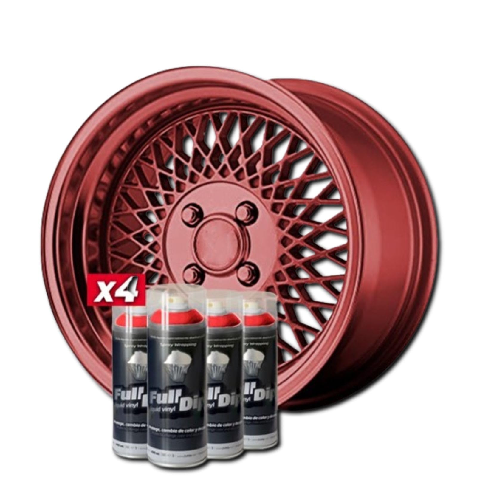 AutoFullCar - Pack Llantas Vinilo Líquido FULL DIP - 4 Sprays - 400 ml. Unidad - Acabado Mate - Válido Para Llantas De 15 a 18 Pulgadas (ROJO METALIZADO)