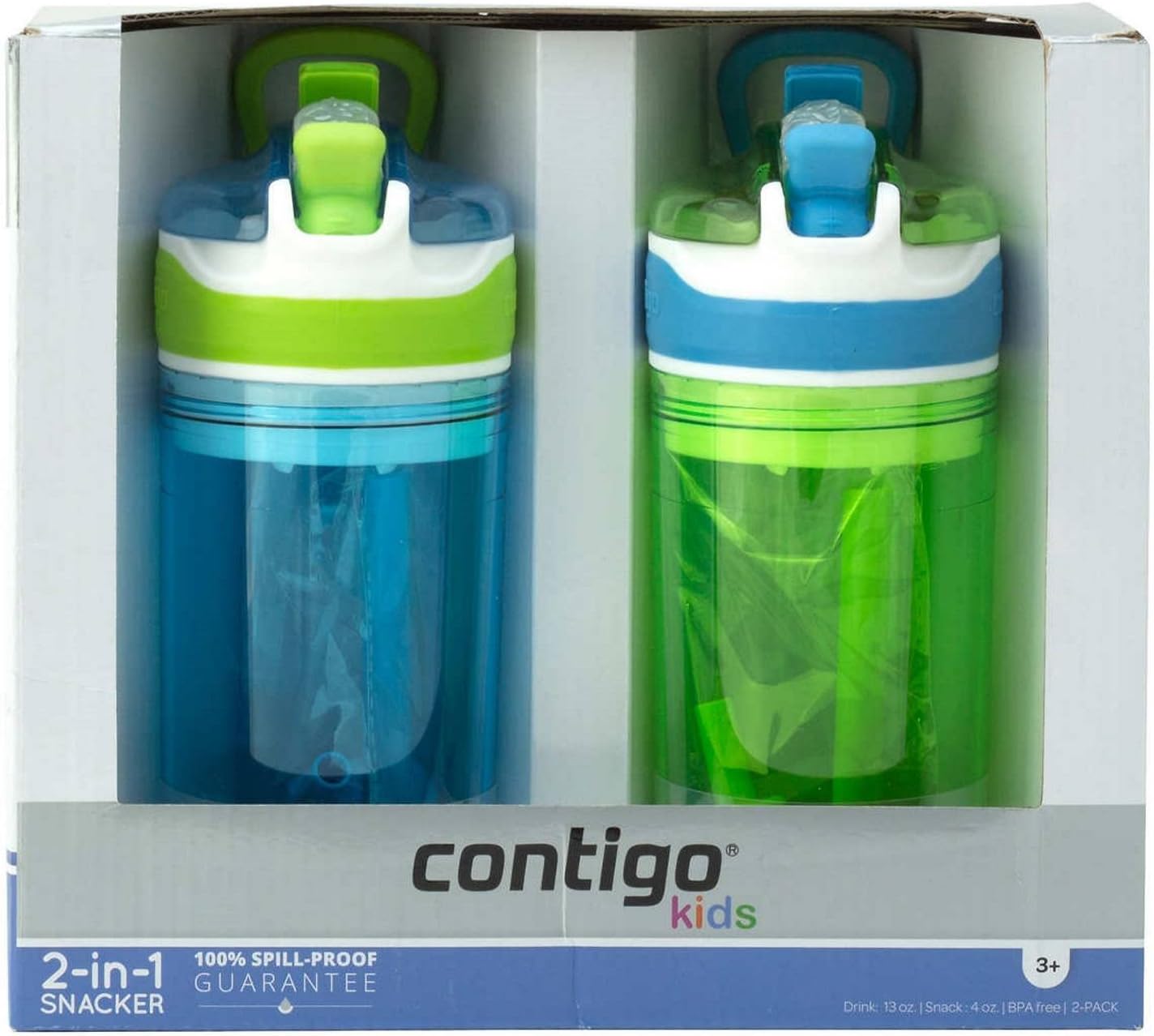 Contigo Kids 2 - in - 1 Snacker Spill Proof Cups 2 Pack Blue and Green