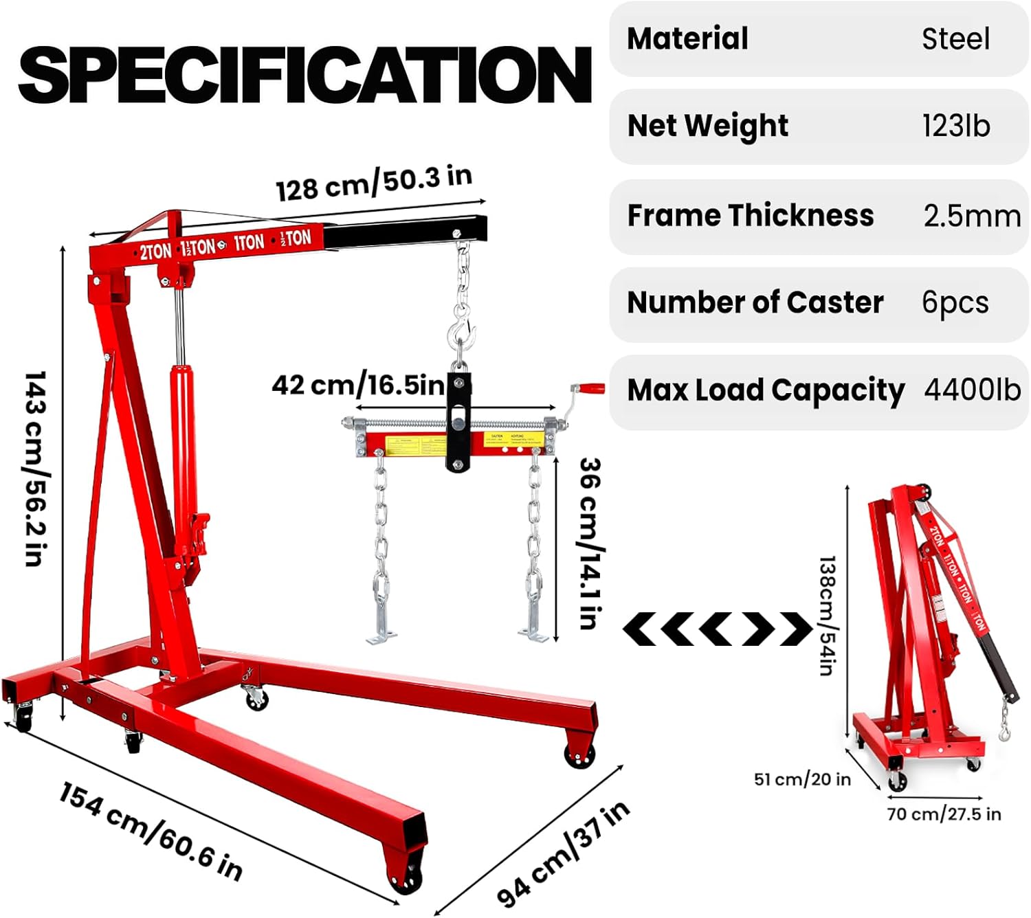 Engine Hoist, 2 Ton Folding Heavy Duty Cherry Picker with 59" Boom, 4400 lbs Capacity Engine Lift, Engine Hoists & Stands for Safe Engine Lifting, 61" L x 37" W x 57" H