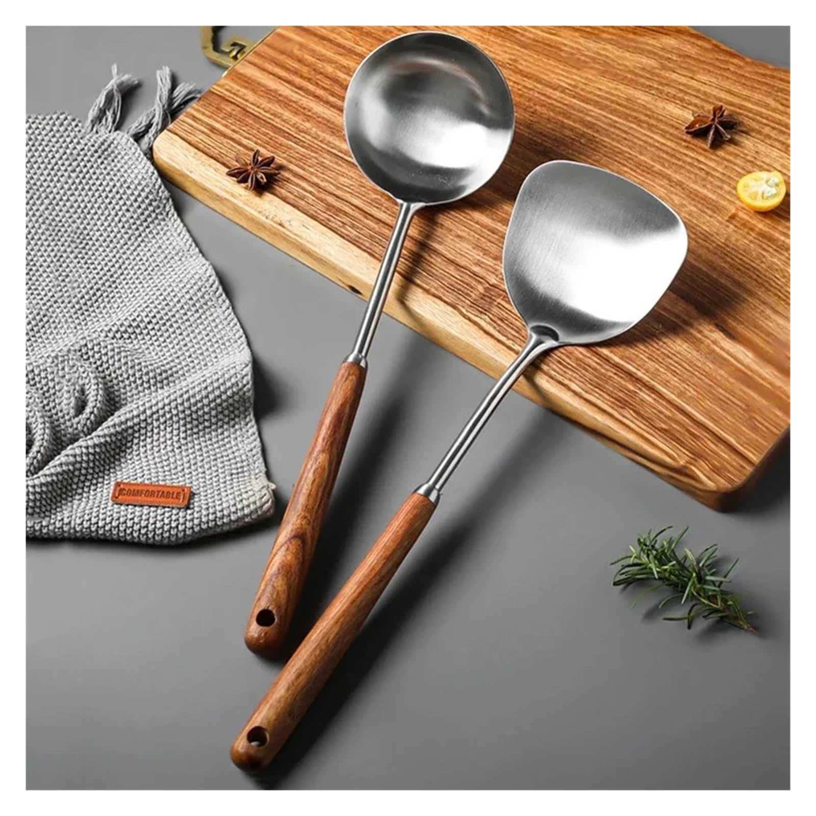 Cucharón de cuchara sopa Wok Turner acero inoxidable 304 con mango madera, utensilios cocina for colgar en la pared(AB)